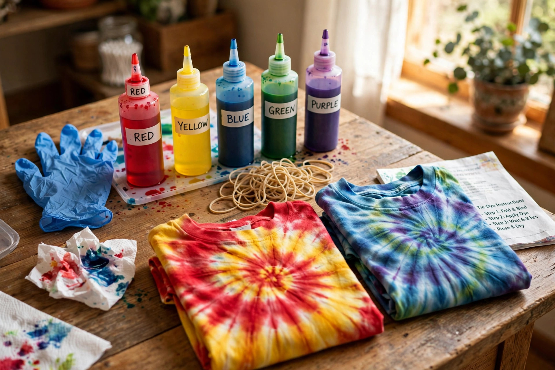 diy tie dye kit for shirts and crafts: Tie dye kit with squeeze bottles and folded dyed shirts on a craft table