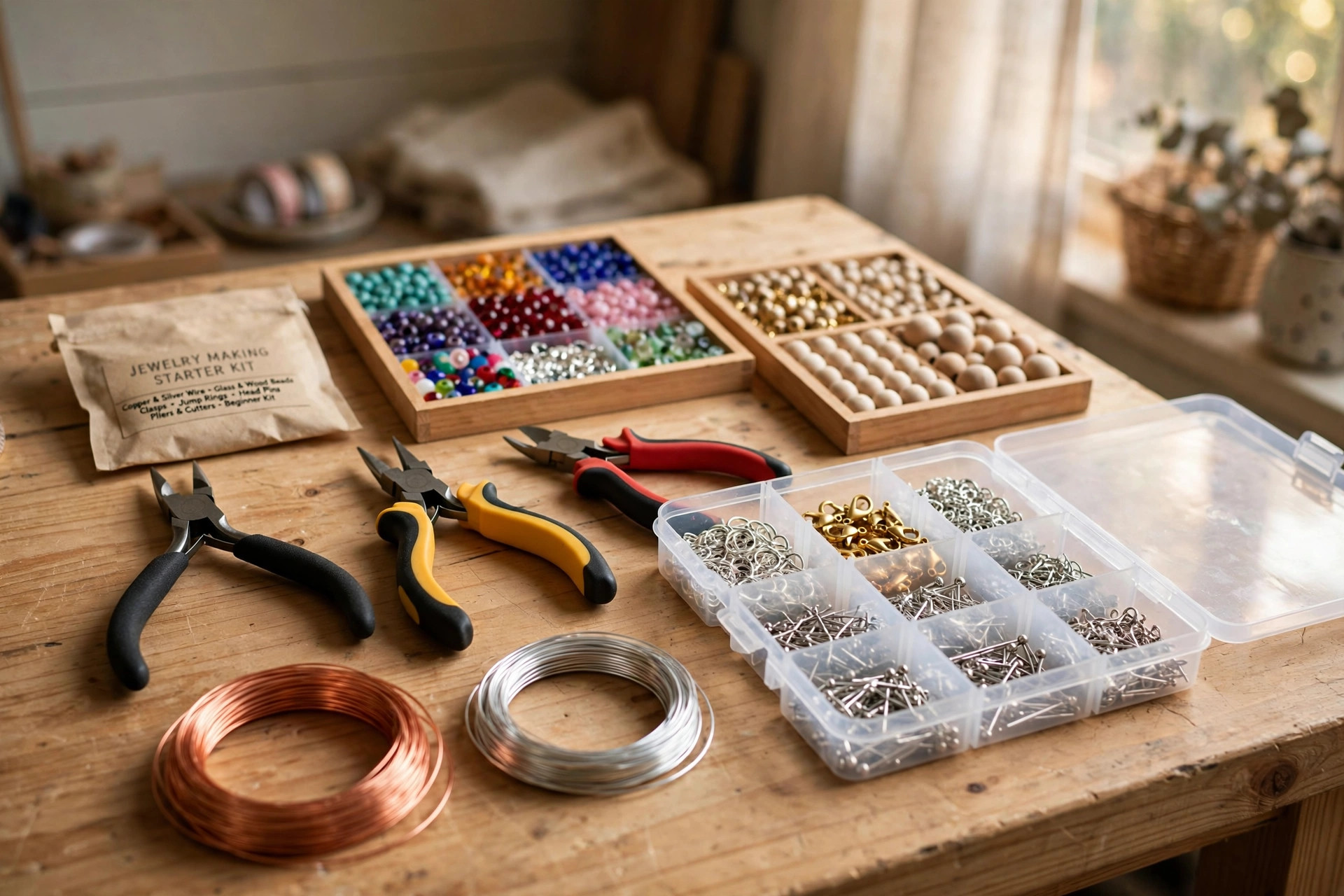 The best jewelry making kit for beginners adults arranged on a home workbench