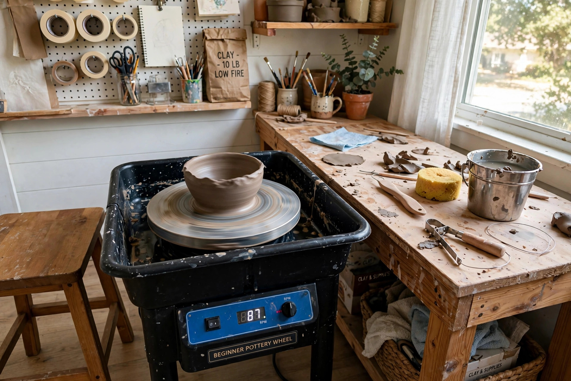 A pottery wheel for home beginners clay art set up in a bright American craft room