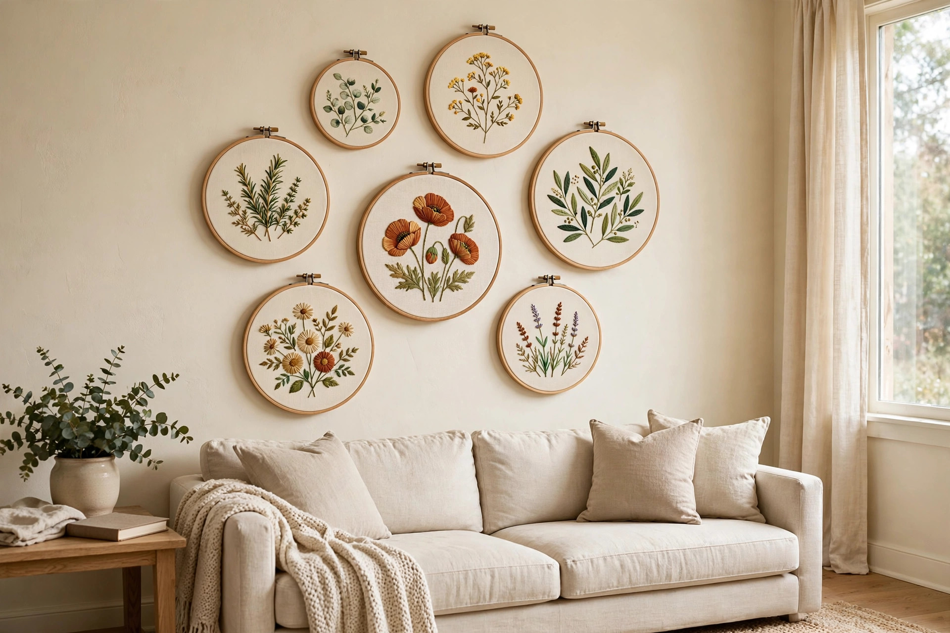 best embroidery hoop set for wall art diy: Embroidery hoop set with finished stitch designs hung as wall art in a living room