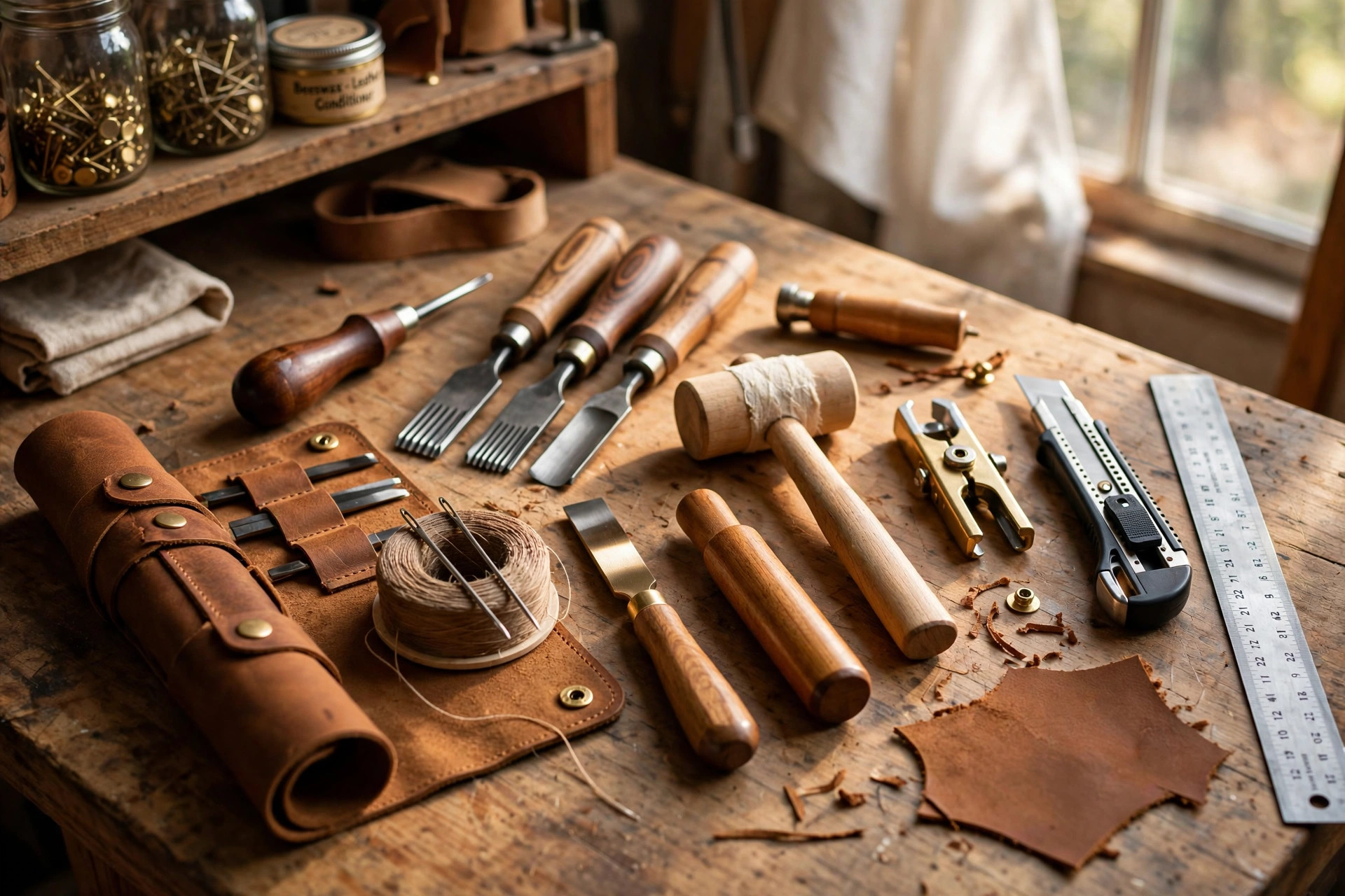 leather crafting tools kit for beginners usa: A leather crafting tools kit for beginners on a wooden workbench