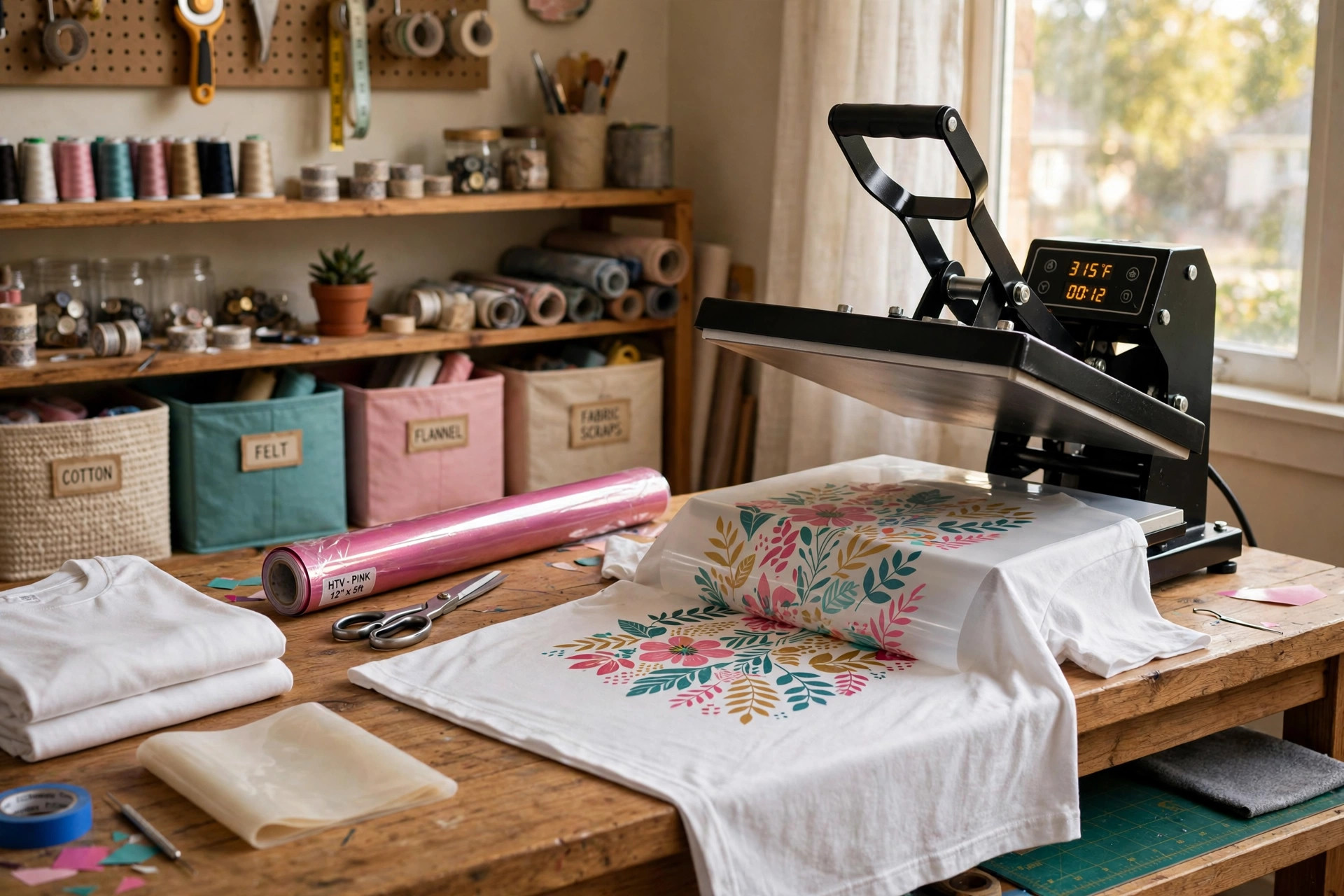 Best heat press machine for home t shirts pressing a custom tee on a craft table