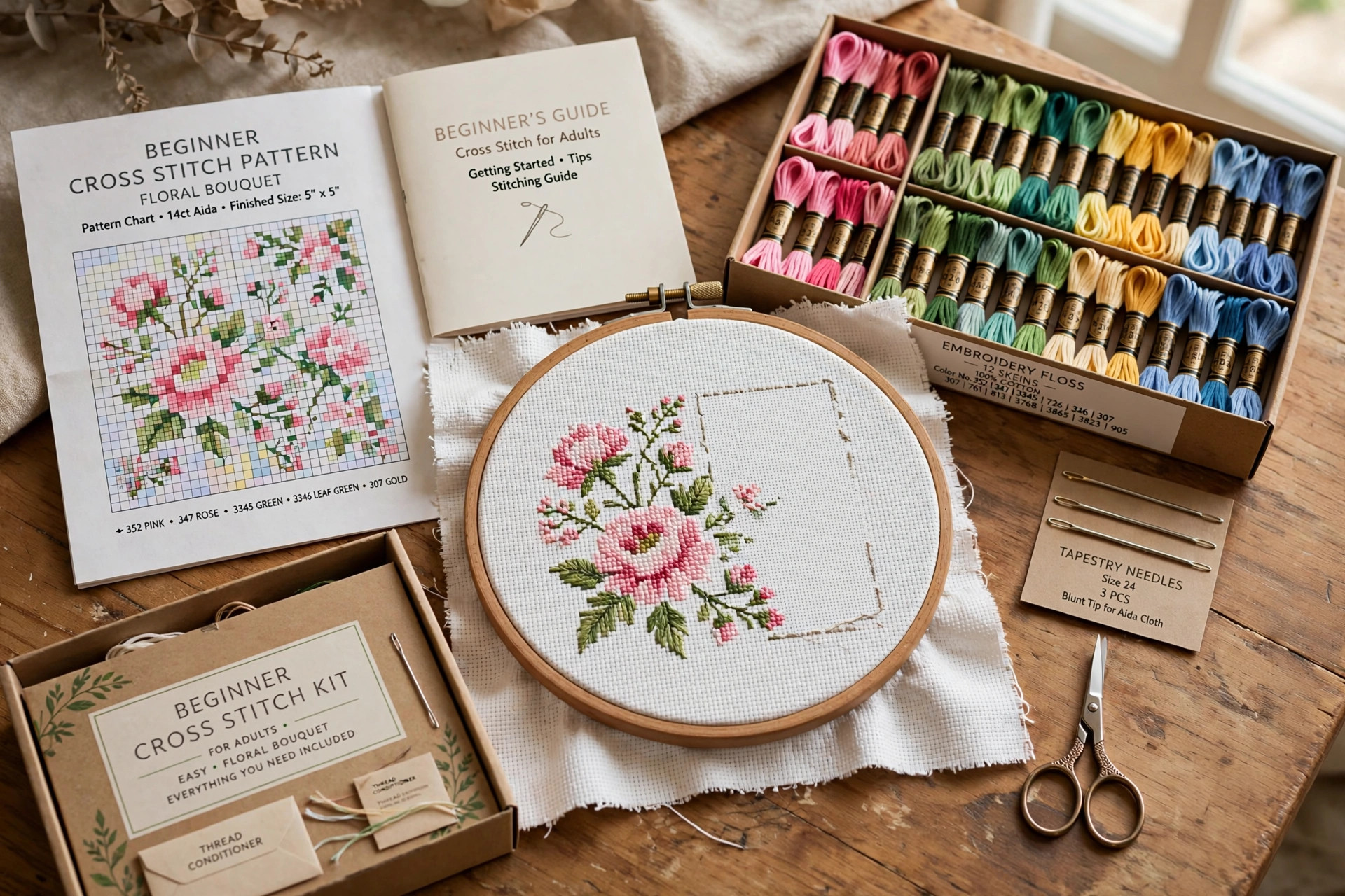 Cross stitch kit for beginners adults patterns laid out on a table