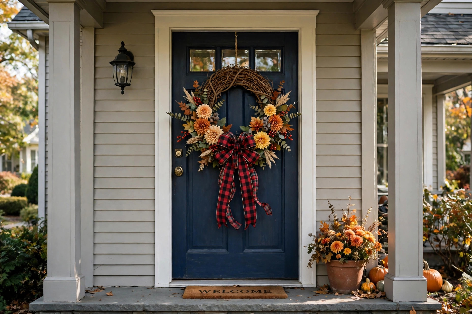 diy wreath making kit for front door decor: A front door decorated with a handmade wreath from a DIY wreath making kit