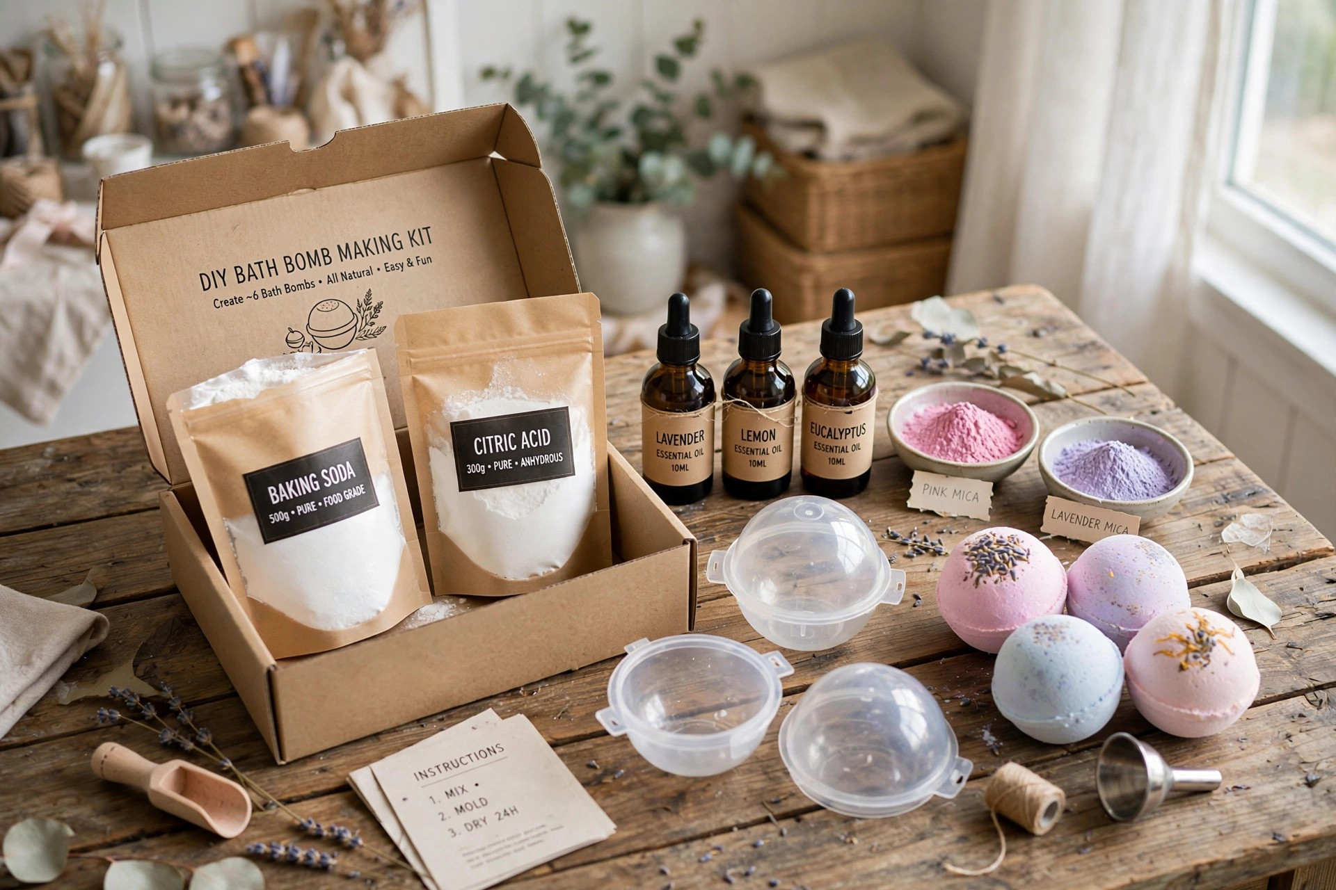 A diy bath bomb kit for gifts and crafts with colorful bath bombs on a wooden table