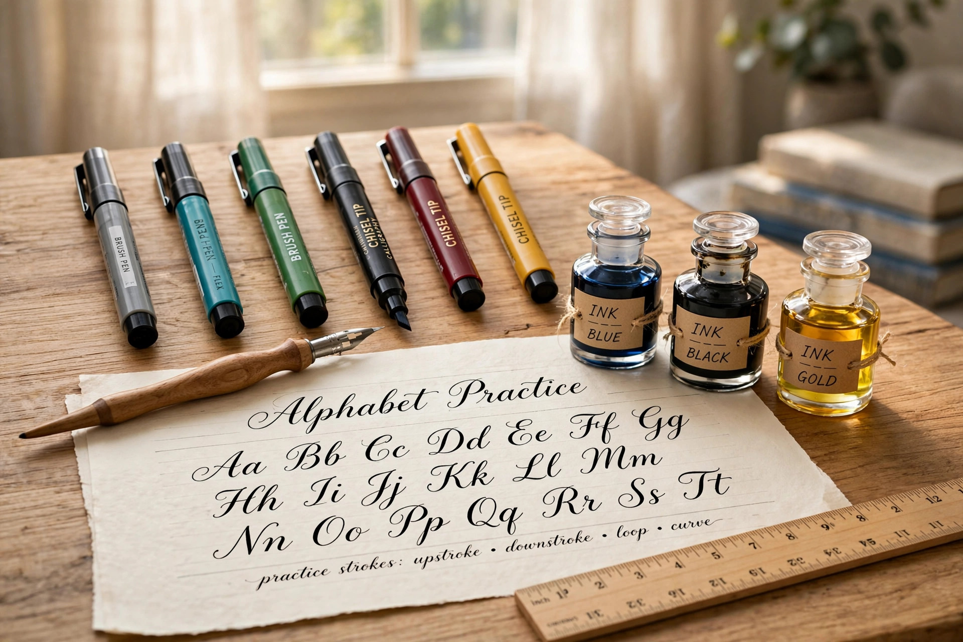 A calligraphy pen set for beginners lettering arranged on a wooden desk