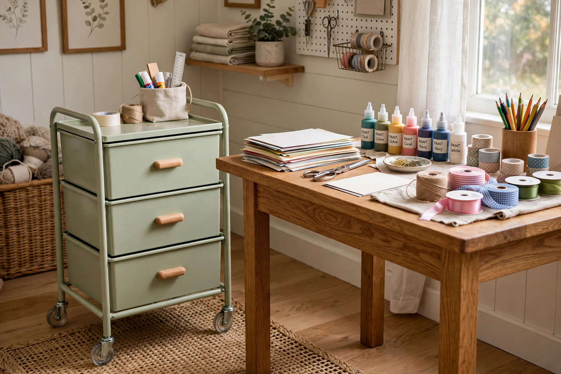 Best craft storage cart with drawers rolling in a tidy American craft room