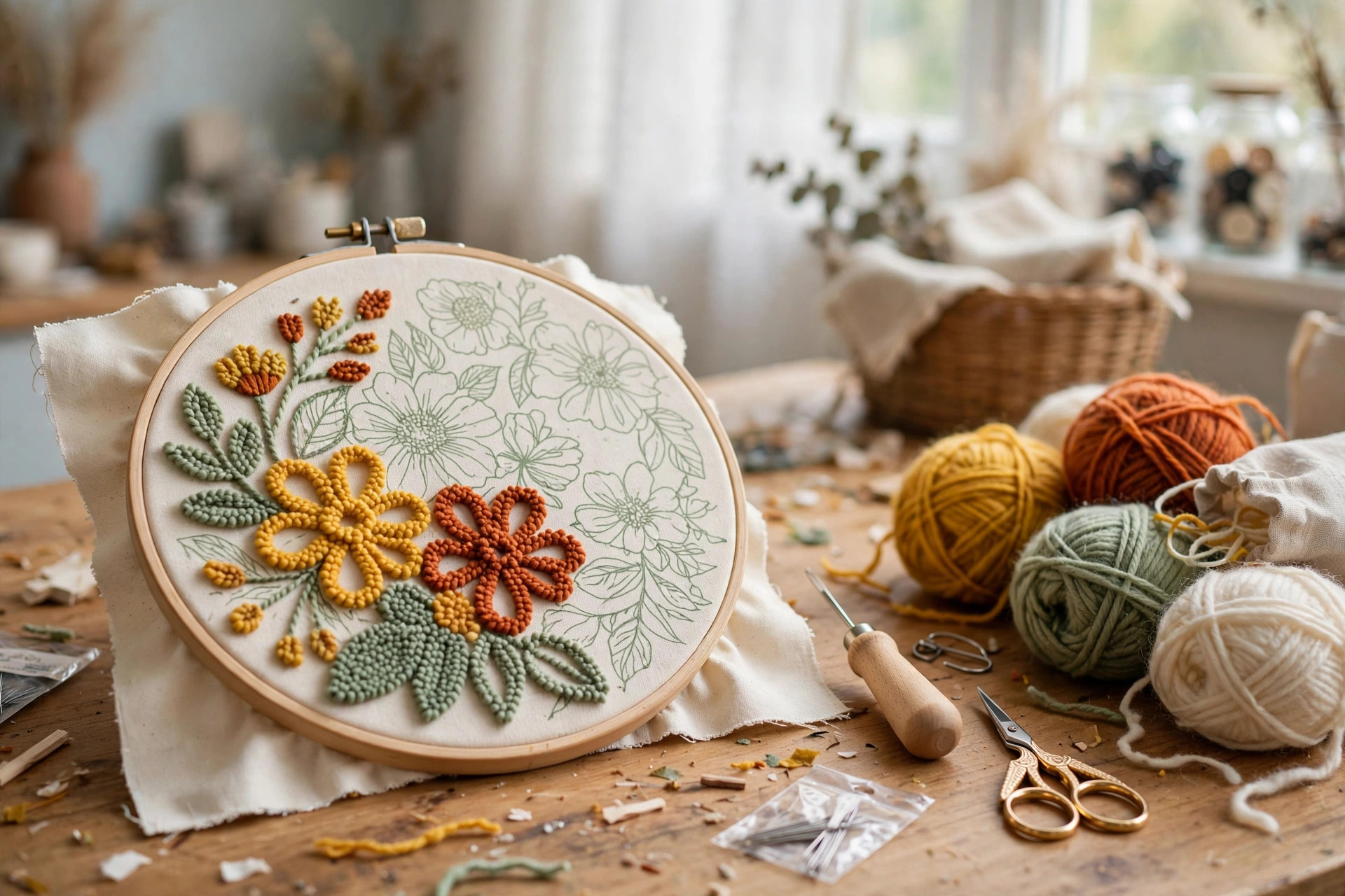Punch needle kit for beginners rug making with hoop frame, yarn, and tools on a craft table