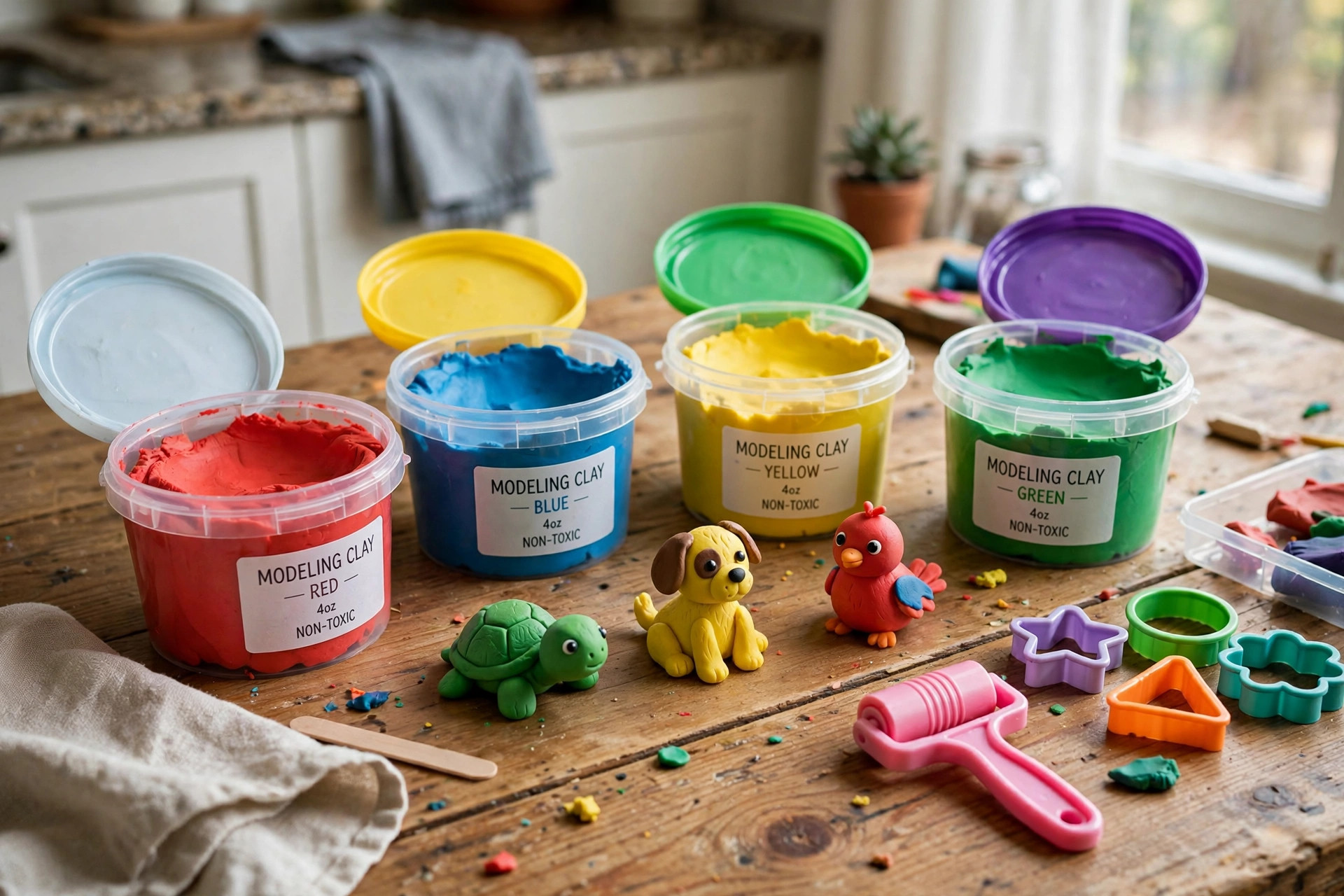 Child's modeling clay animals on a kitchen table - best modeling clay for kids crafts home