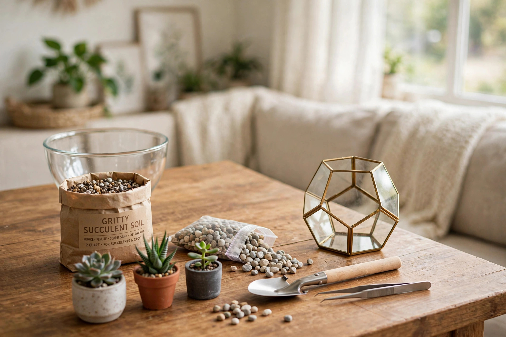 A DIY terrarium kit for succulents and plants arranged in a bright living room