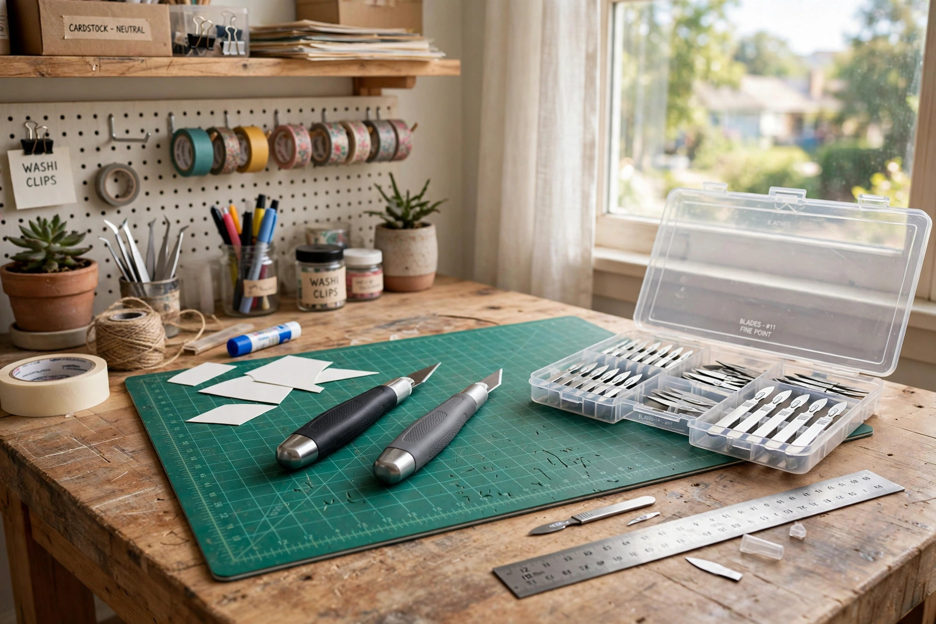 best craft knife set for precision cutting: A craft knife set with fine blades and handles on a workbench
