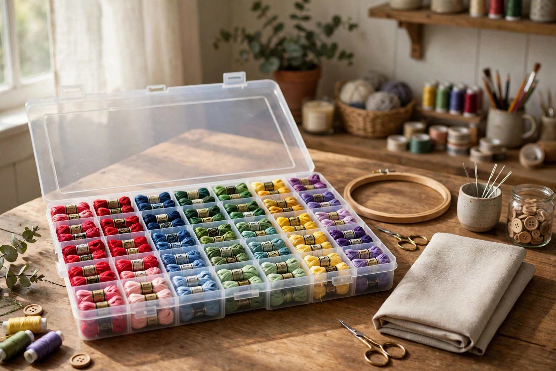 Embroidery thread set for hand stitching crafts in a home craft room