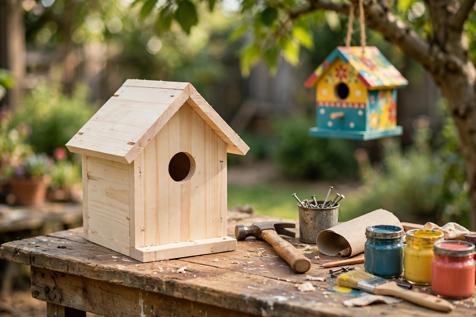 A finished wooden birdhouse from a diy birdhouse kit for kids woodworking usa hanging on a tree