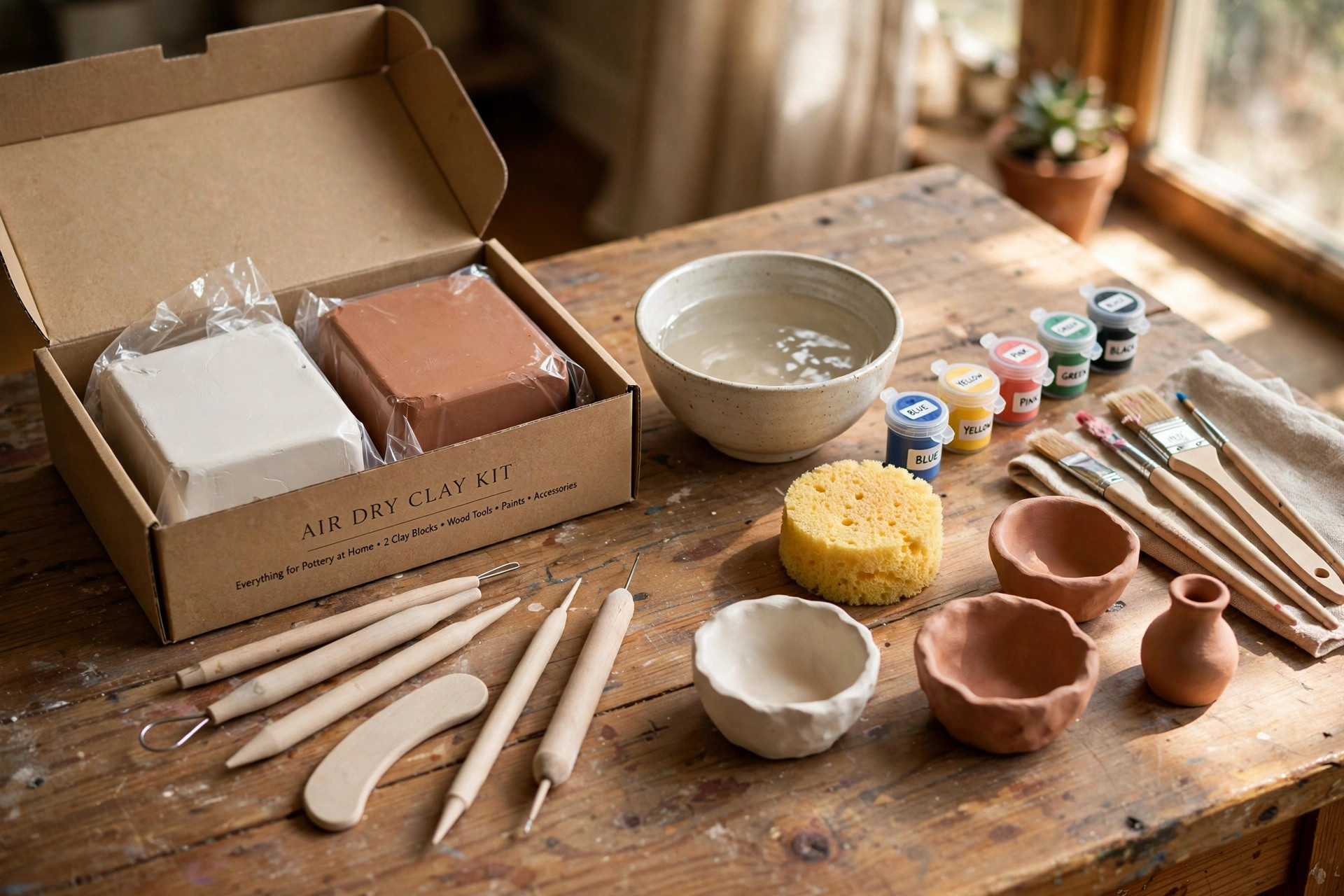 Air dry clay kit for pottery at home with tools on a work table