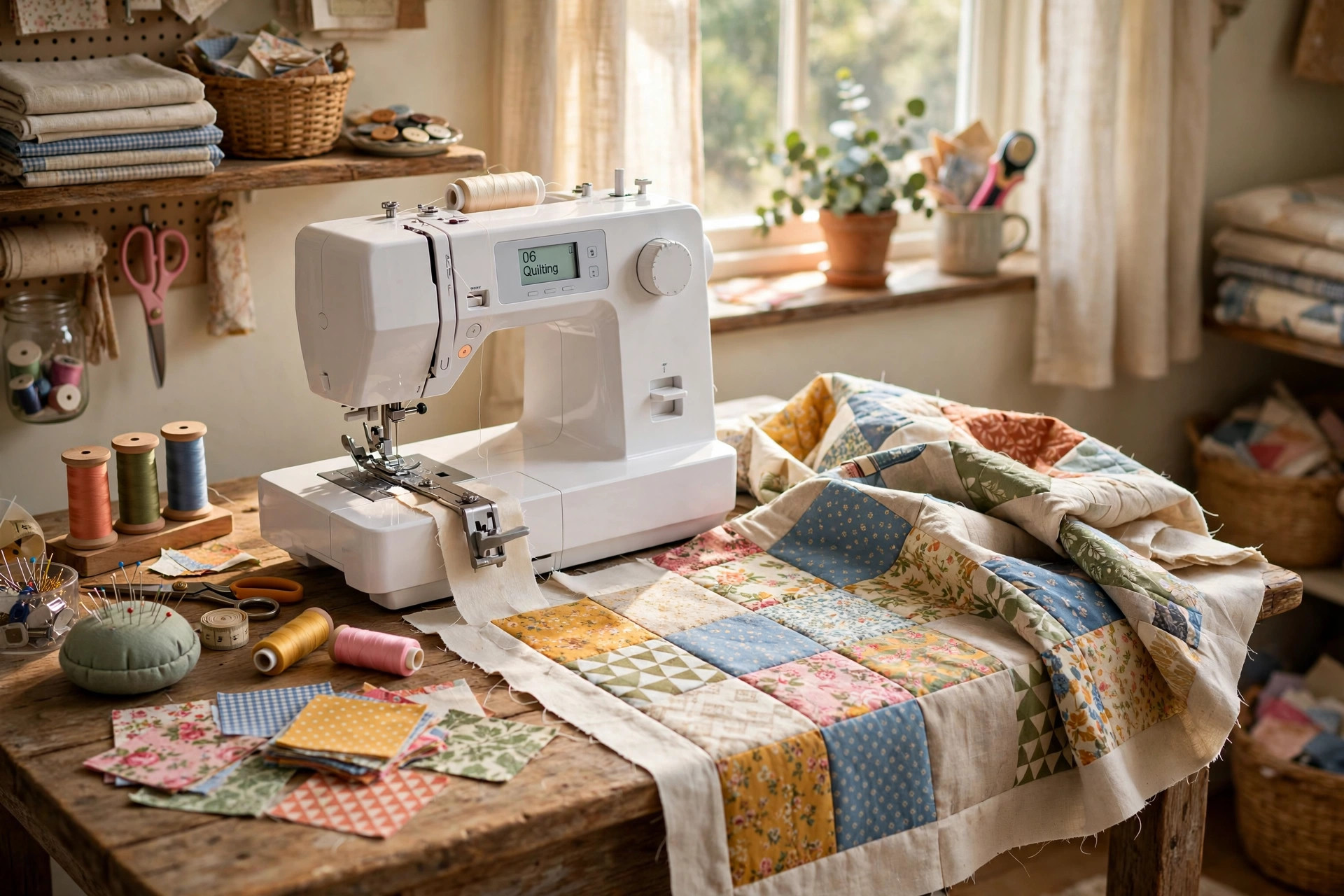best sewing machine for quilting at home: A sewing machine on a quilting table in a bright home craft room