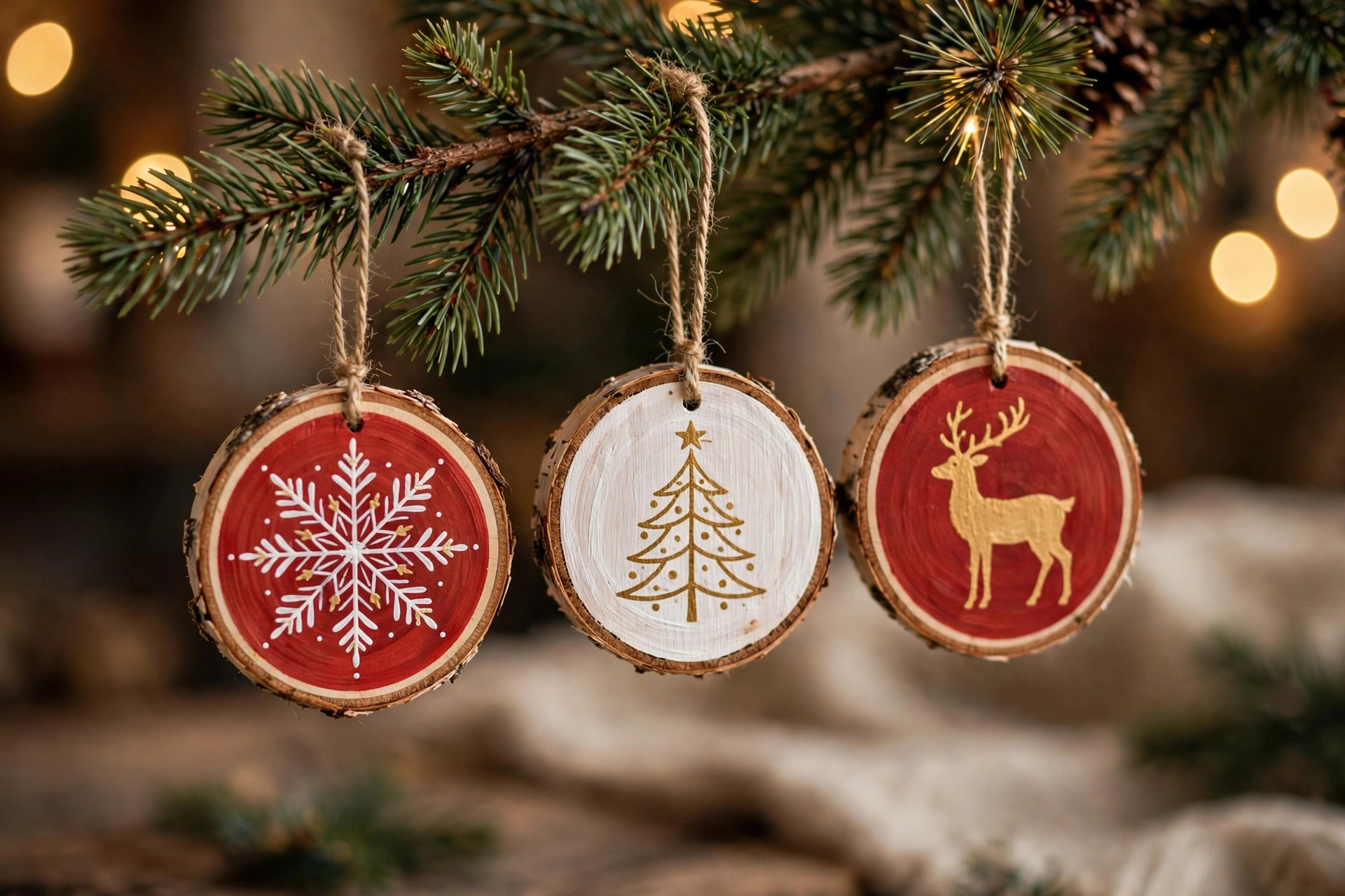 Hand-painted wood slice ornaments for Christmas crafts DIY on a pine branch