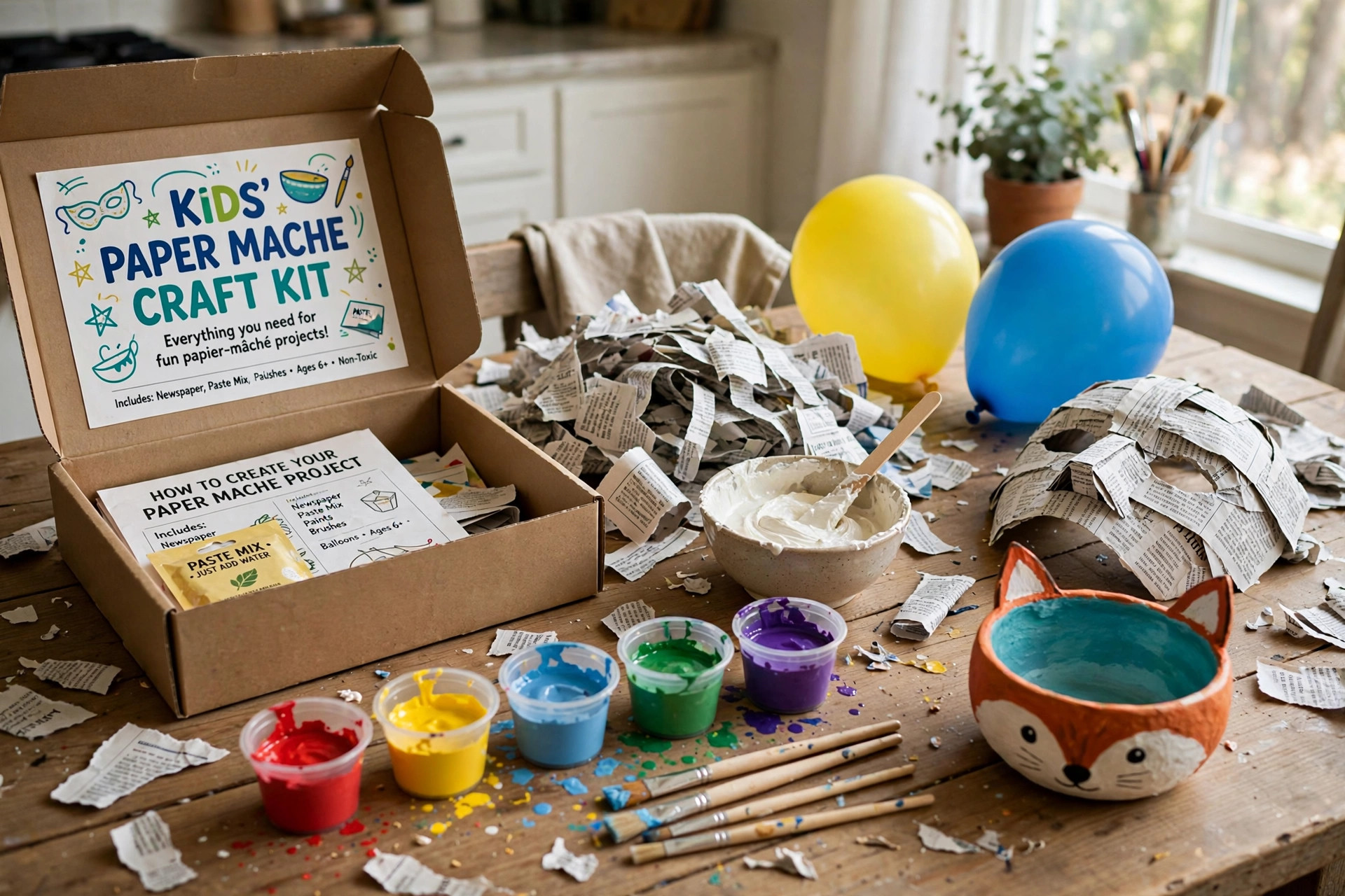 A paper mache kit for kids art projects home displayed on a kitchen table with paper strips, paste powder, balloons, and paint cups