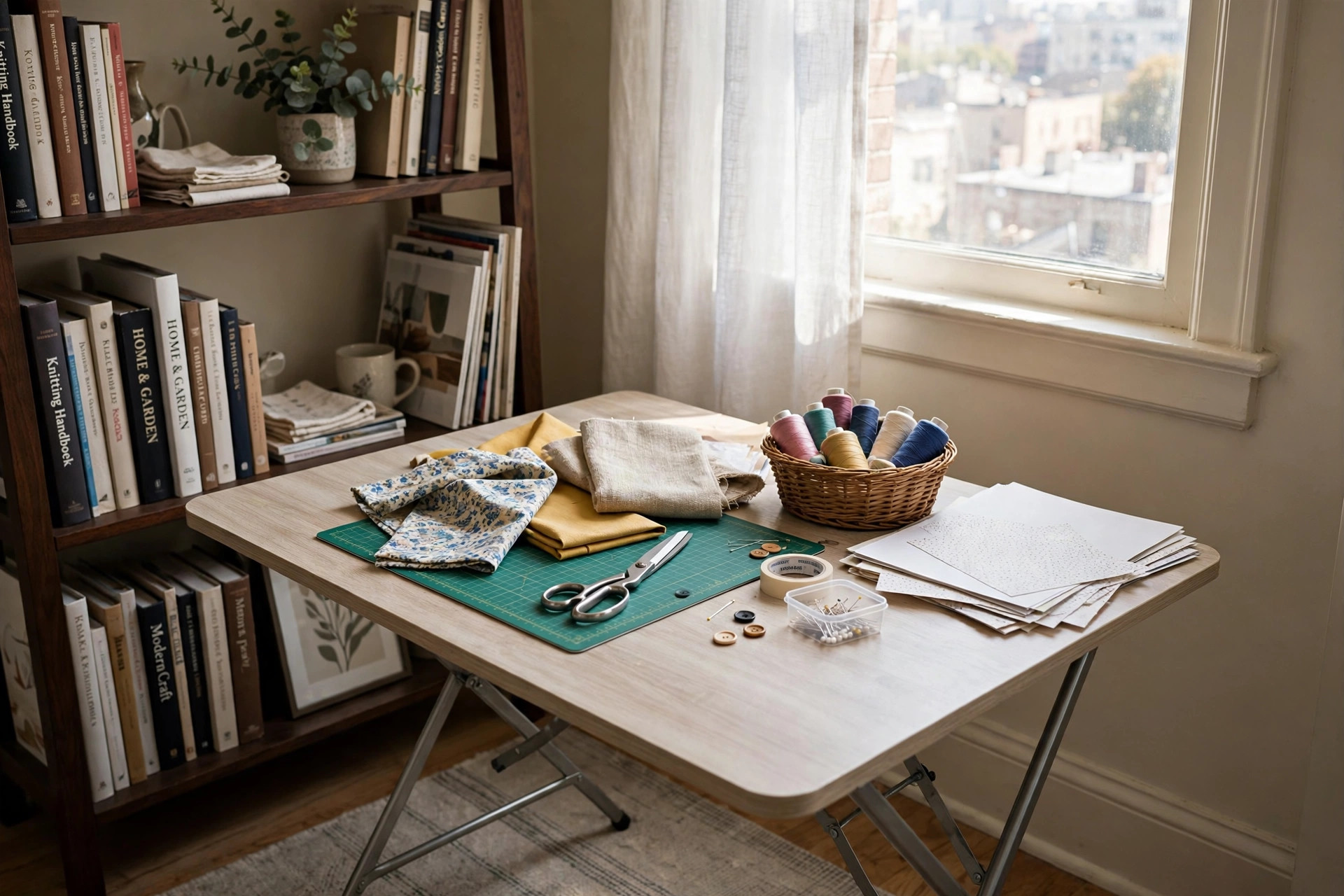 best craft table foldable for small apartments: Foldable craft table in a small apartment craft corner