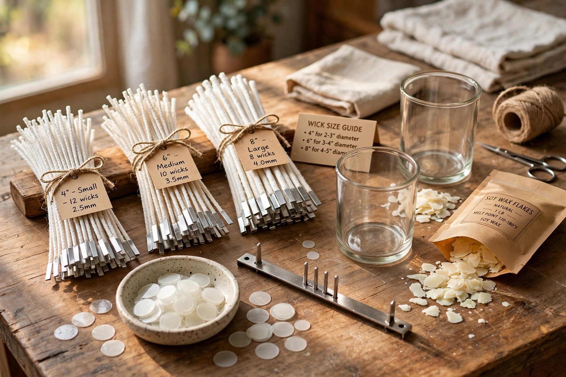 A candle wick kit for soy candle making home displayed on a wooden craft table