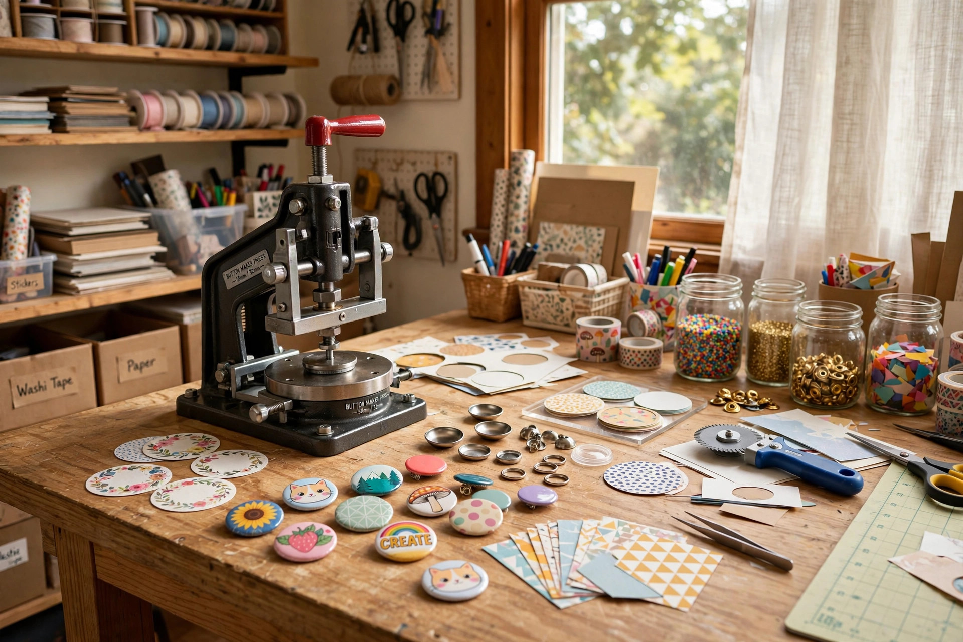 best button maker machine for crafts business: Button maker press machine on a craft table making pin-back buttons