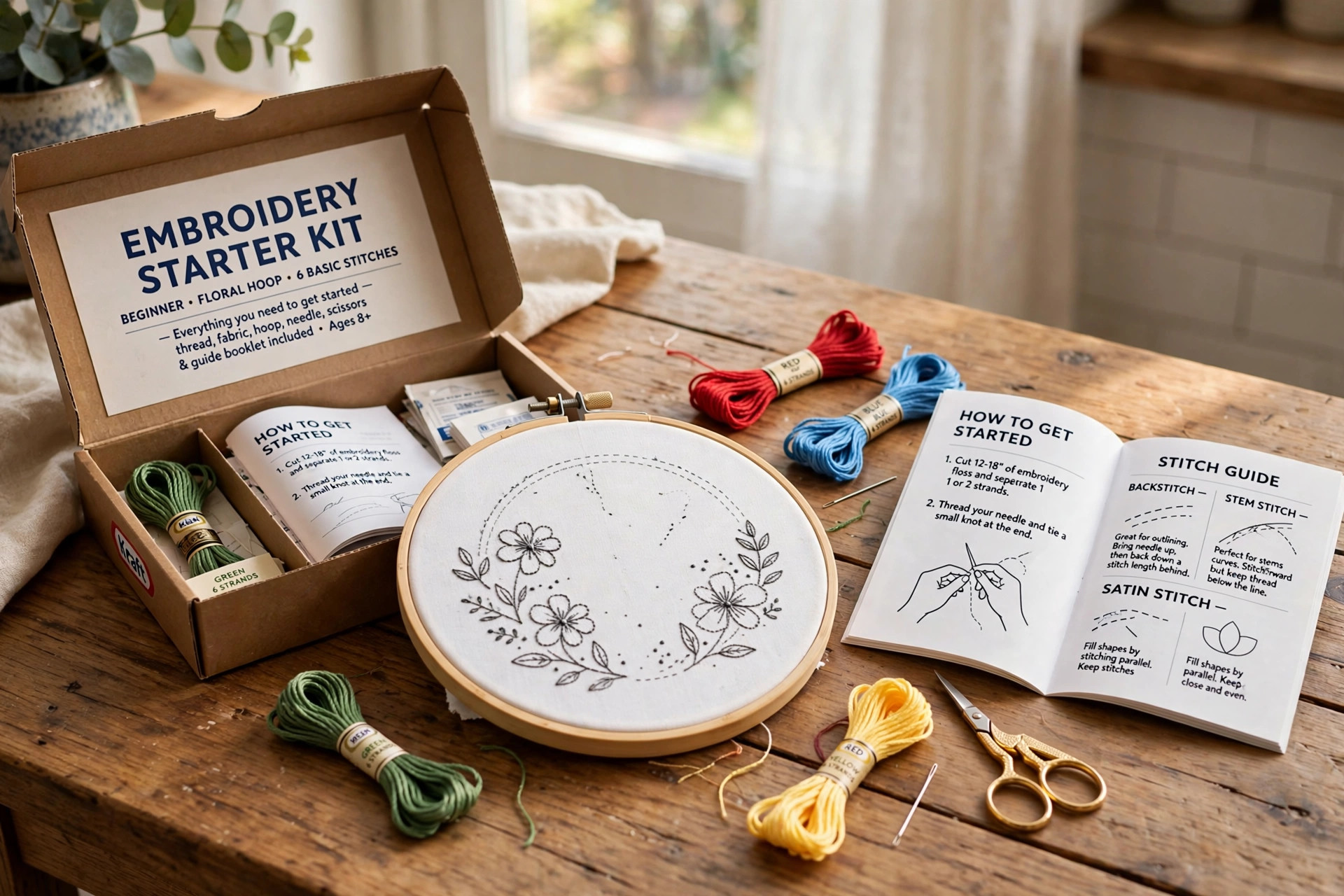 best embroidery starter kit with hoop patterns: Embroidery hoop with beginner floral pattern and colorful threads on a wooden table