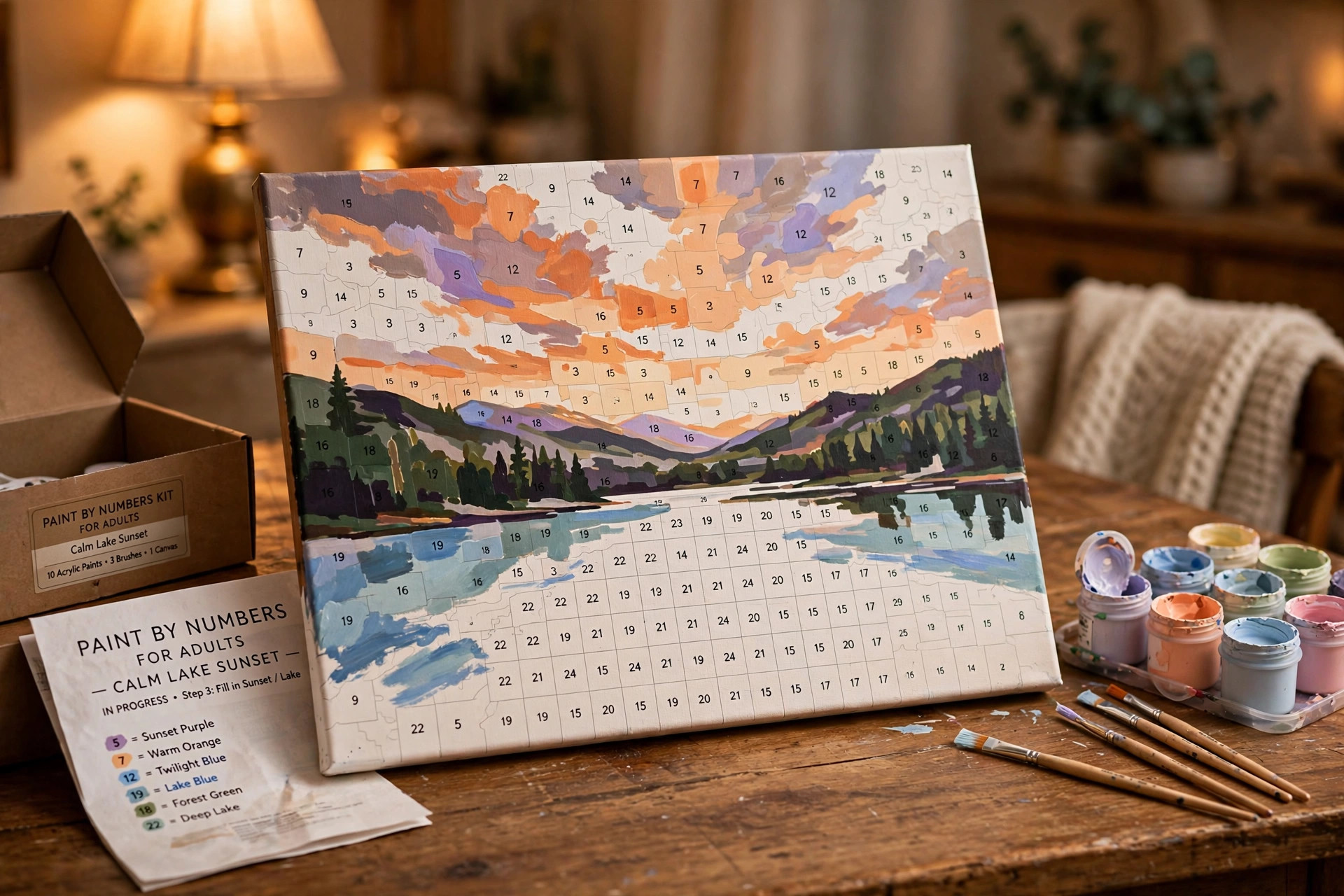 A paint by numbers kit for adults relaxation set out on a home table