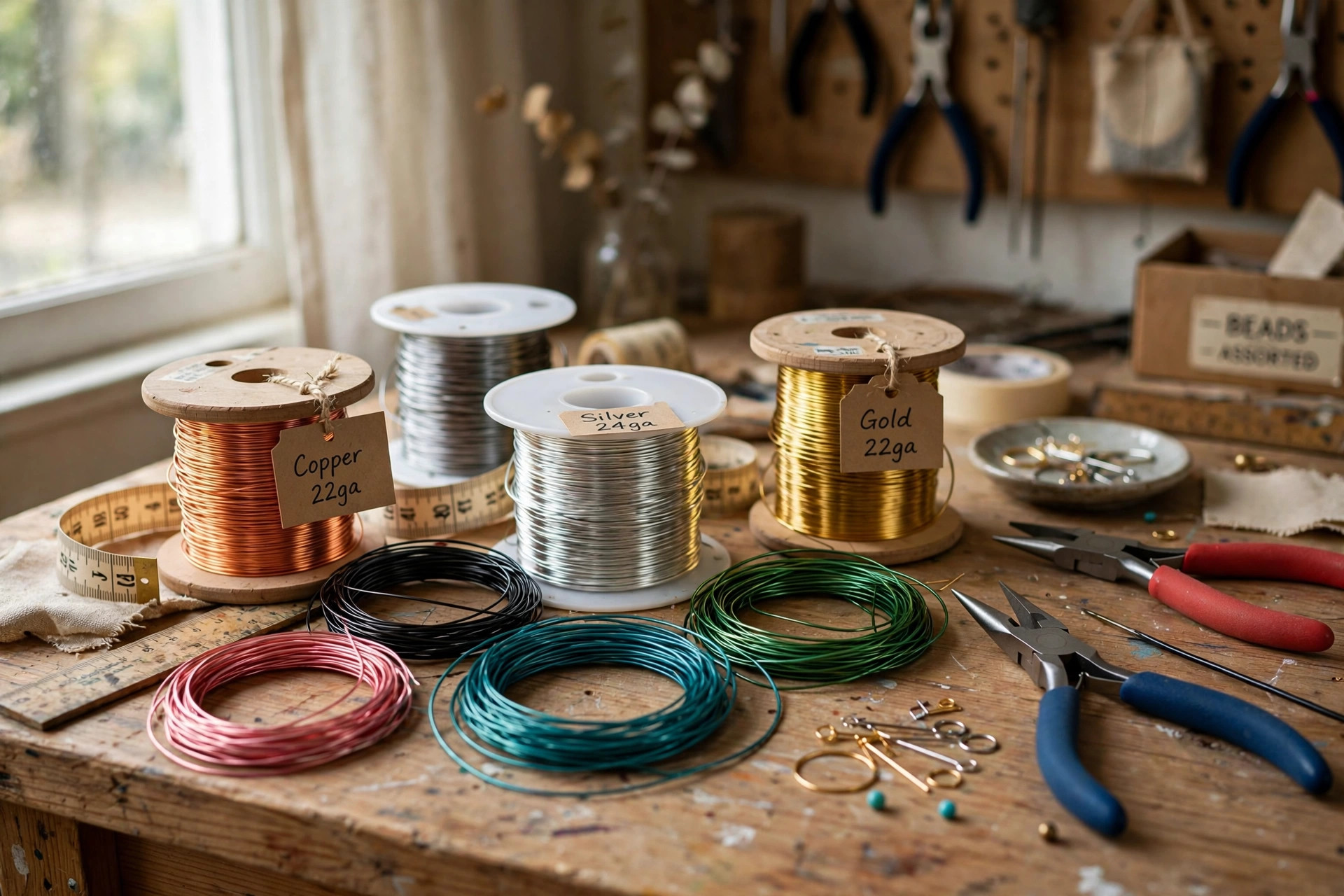 best craft wire for jewelry and sculptures: Spools and lengths of craft wire for jewelry and sculptures arranged on a wooden craft table