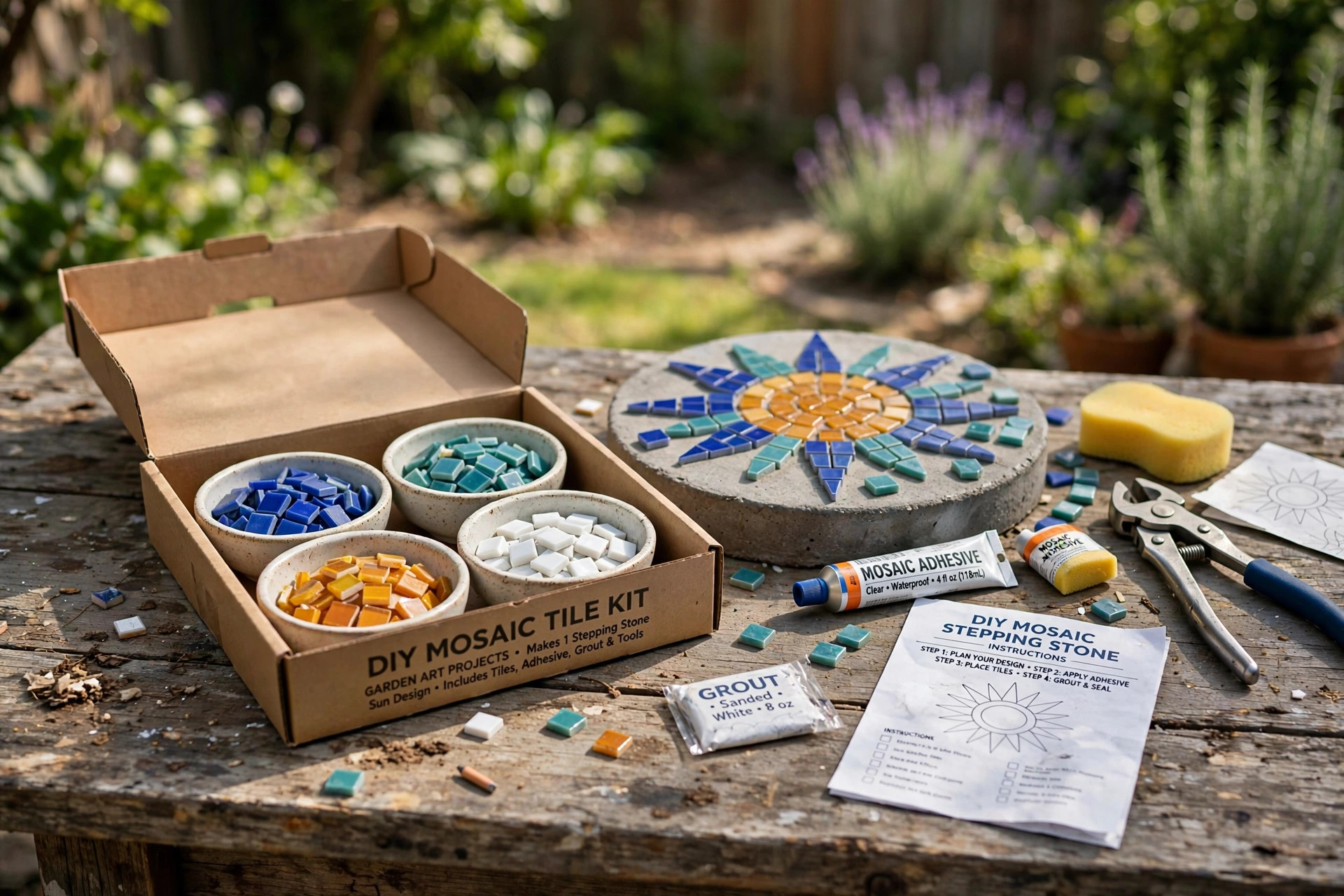DIY mosaic tile kit for garden art projects: colorful glass tiles and tools on a wooden table