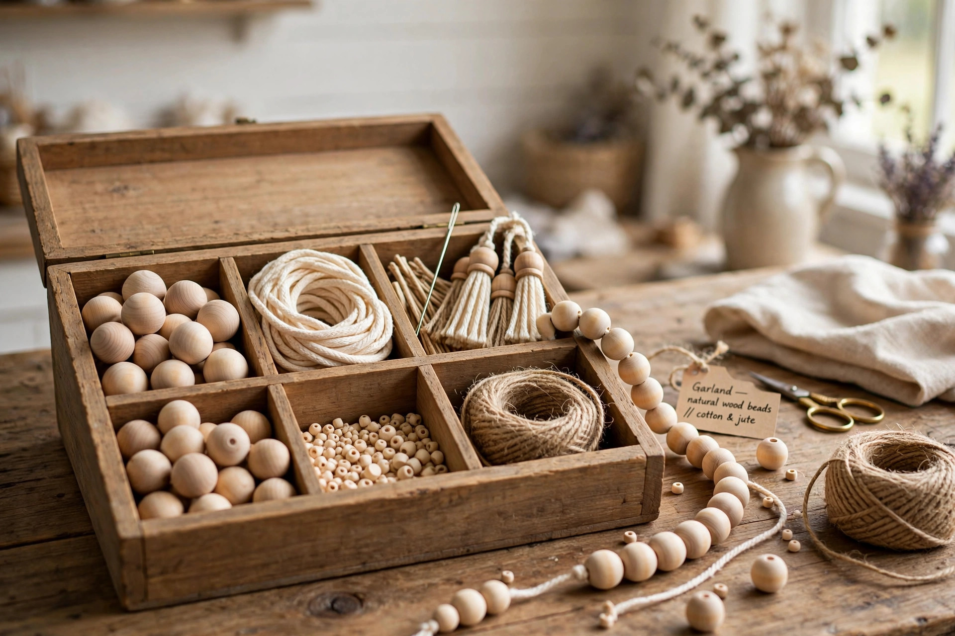 Wooden bead kit for garland and crafts DIY with natural round beads
