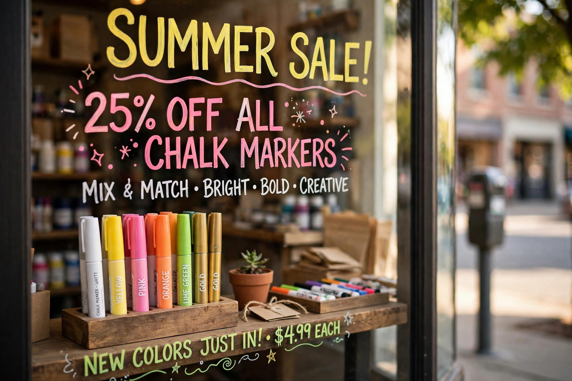 Best chalk markers for windows and signs displayed beside a bright American shop window