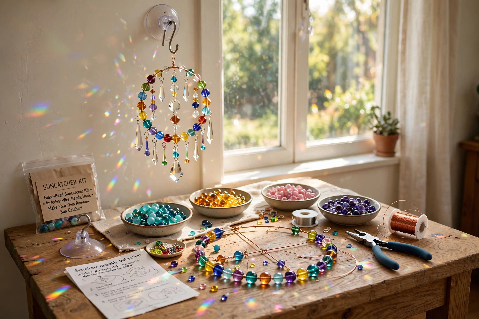 diy suncatcher kit for window decor crafts: A colorful handmade suncatcher kit displayed on a wooden craft table