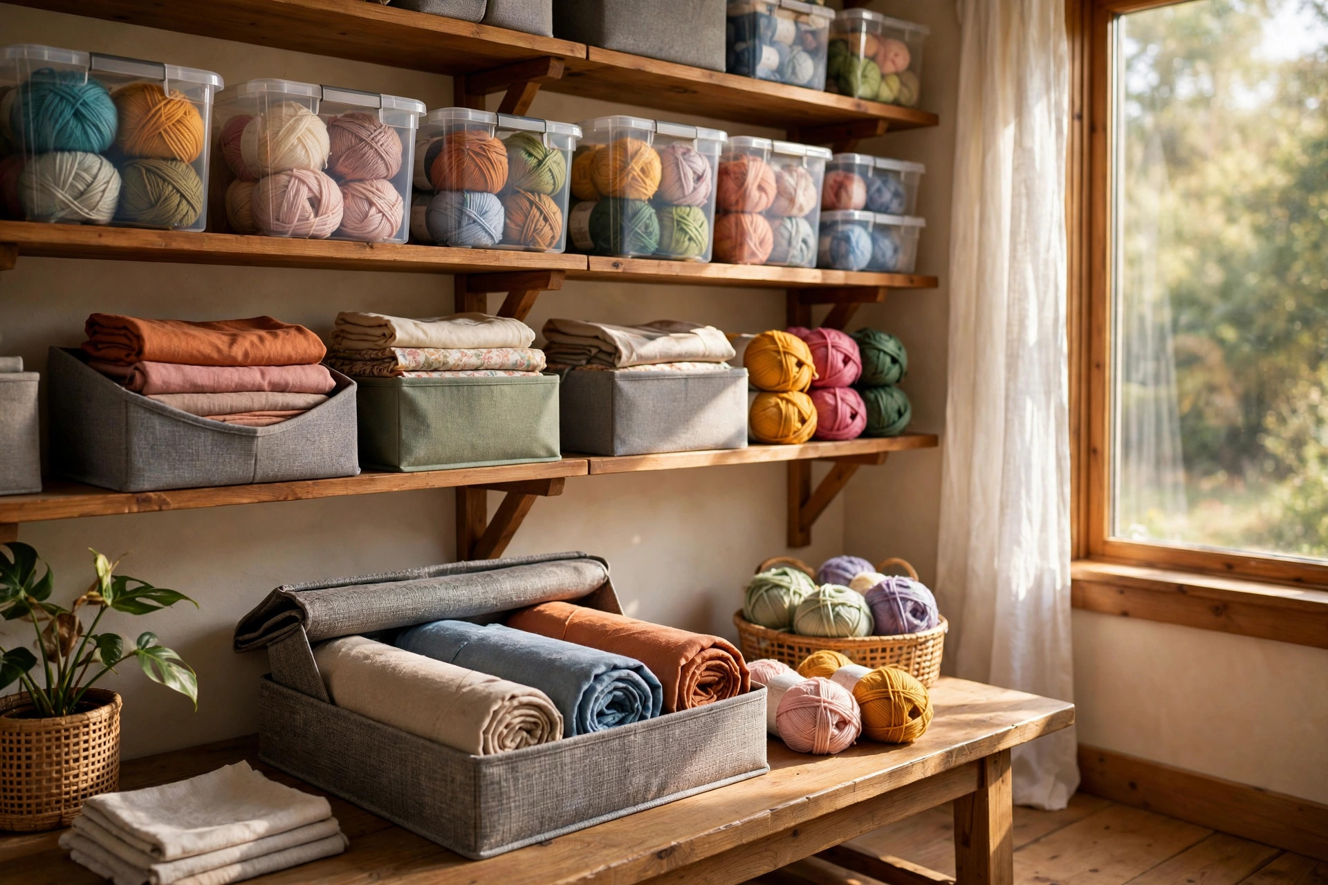 best craft storage bins for yarn and fabric: Neat craft room shelf holding storage bins full of yarn and fabric