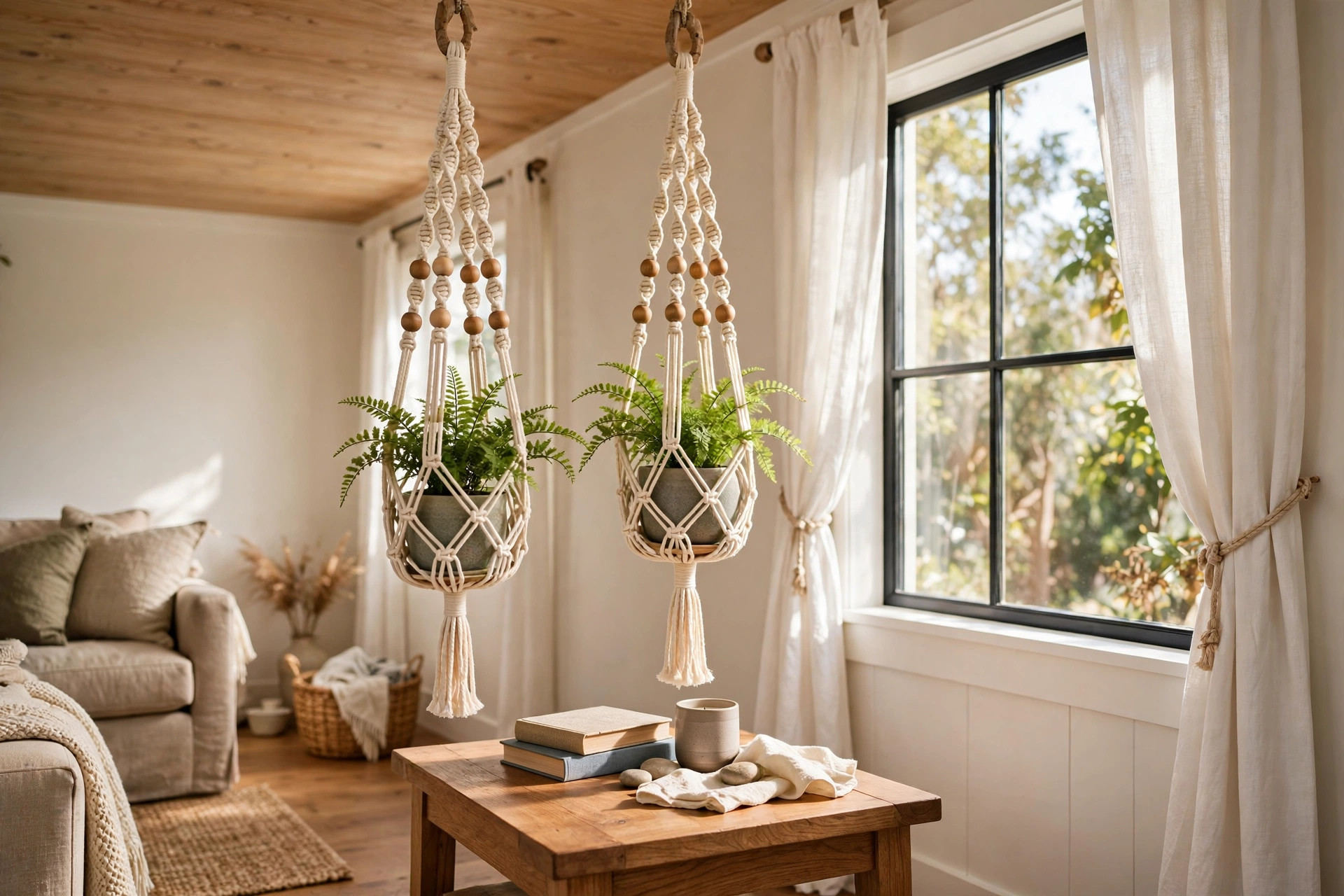 diy plant hanger kit macrame for beginners: A cream cotton macrame plant hanger holding a small potted fern in a bright American living room