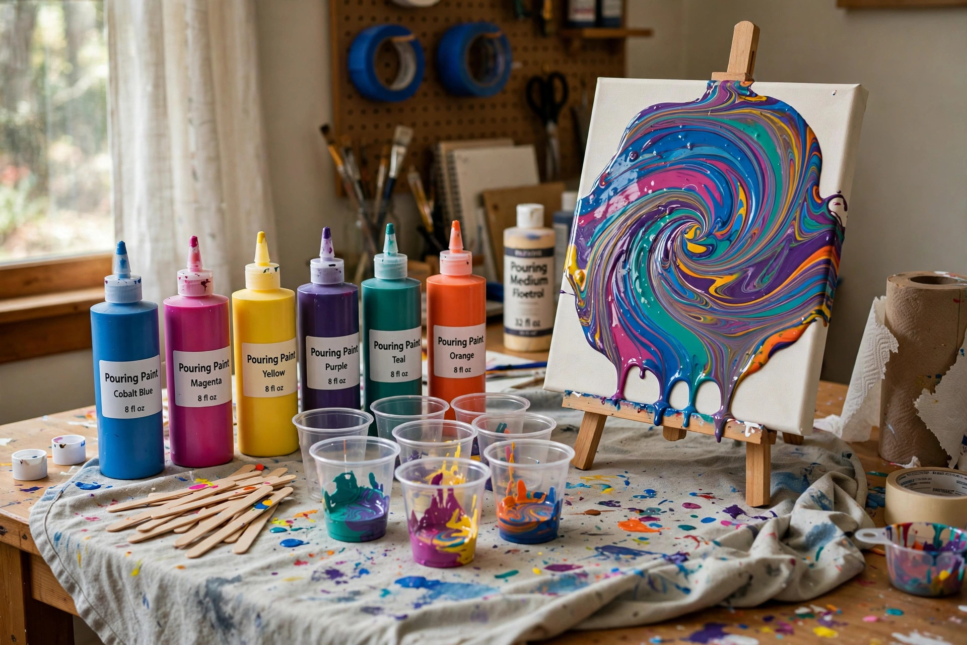 best acrylic pouring kit for fluid art home: Acrylic pouring kit for fluid art home setup on a craft table