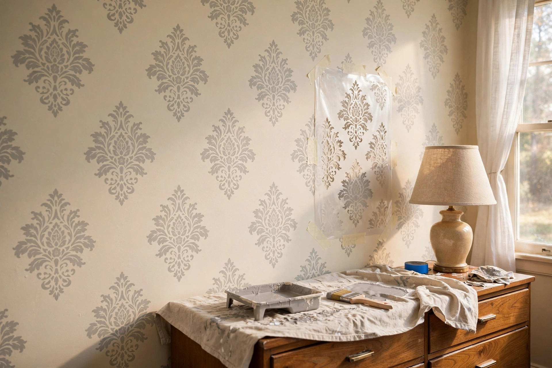 A stencil set for wall painting DIY home decor design on a bedroom wall