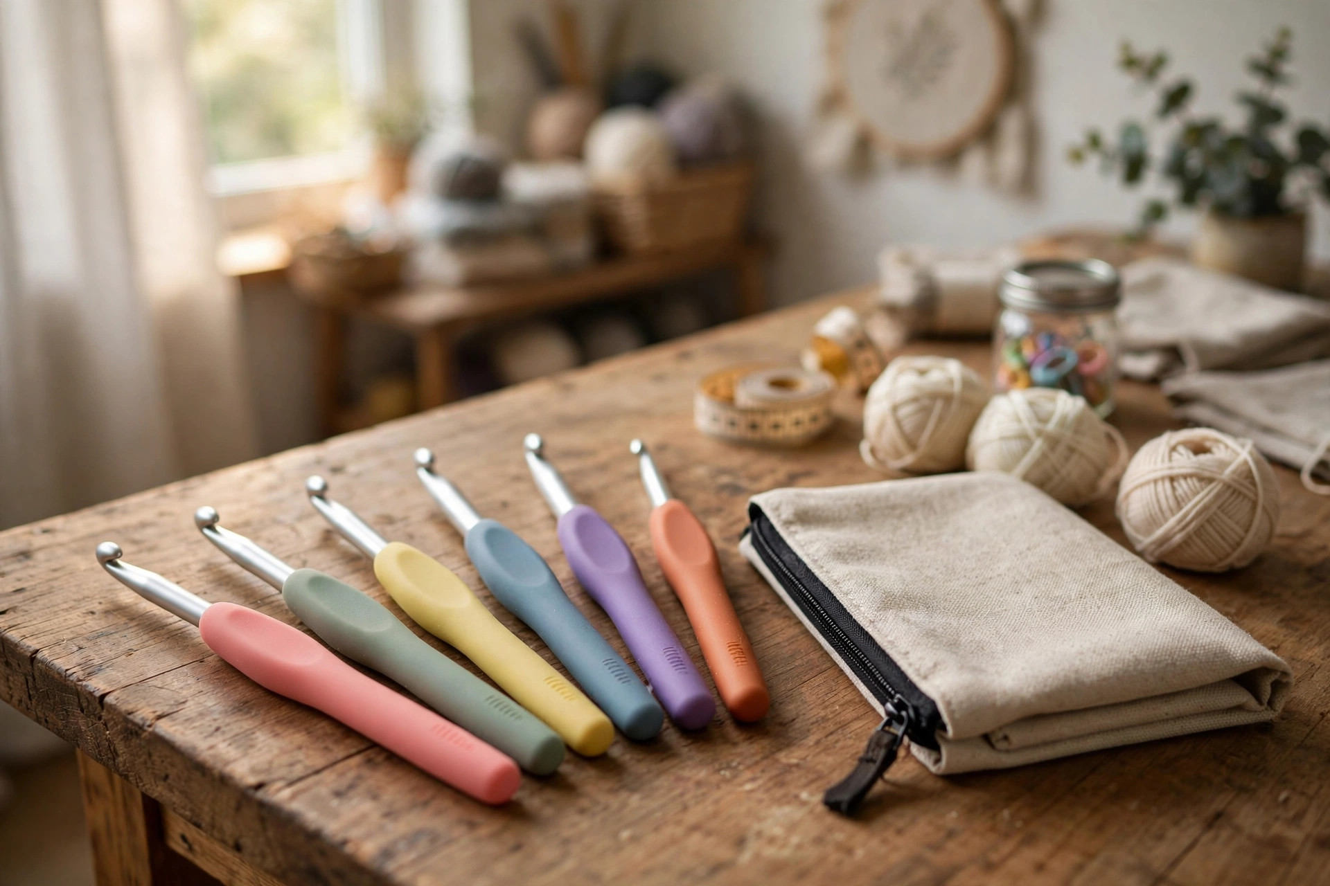best crochet hook set ergonomic for beginners: Ergonomic crochet hook set for beginners laid out in a home craft room