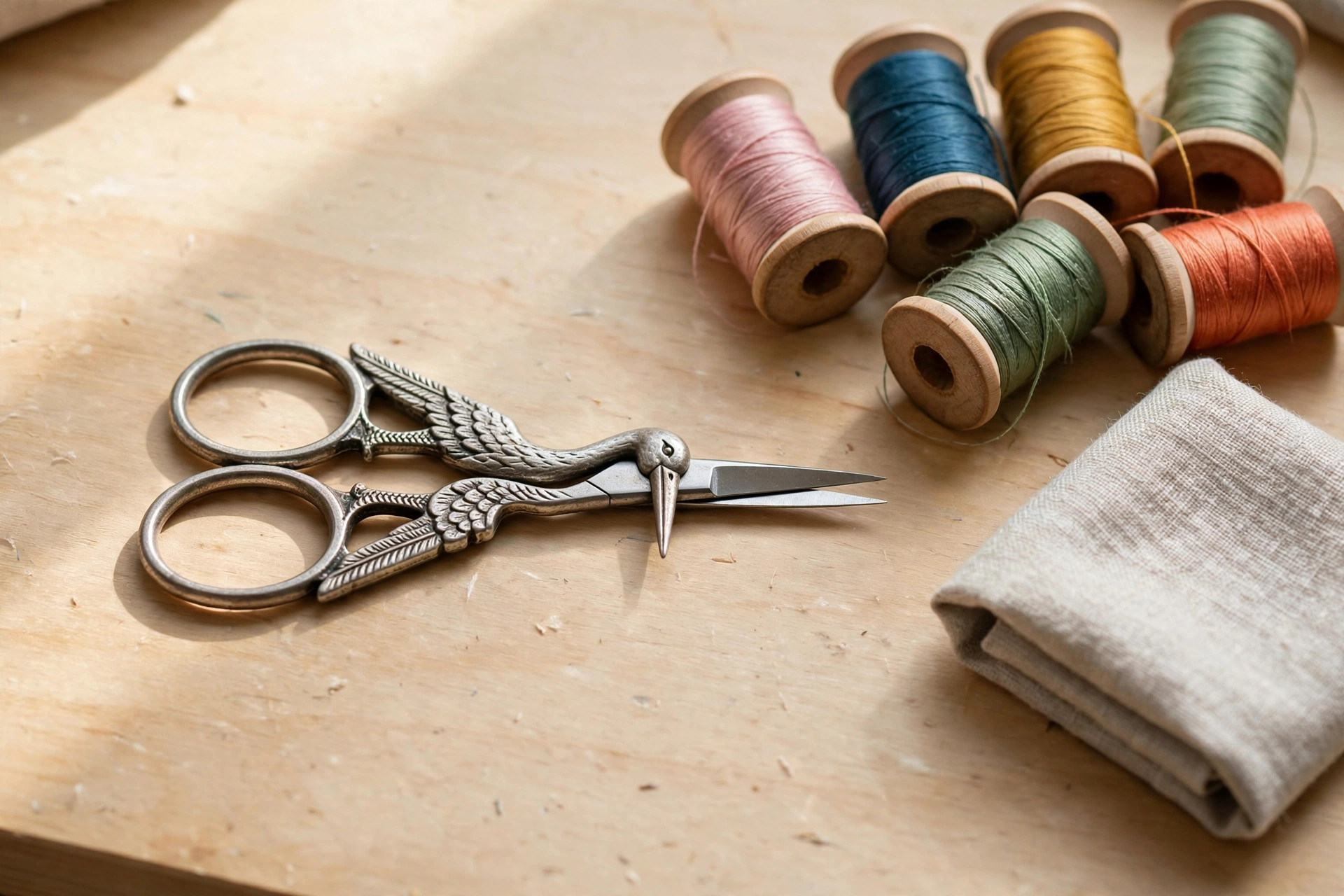 Embroidery scissors small for detailed stitching on a work table