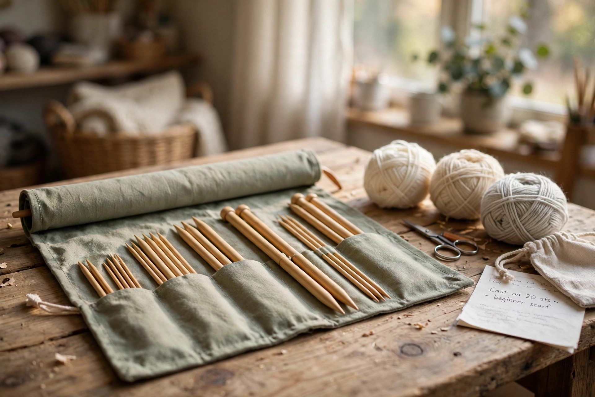 knitting needles set for beginners bamboo usa: Bamboo knitting needles set for beginners laid out on a wooden table