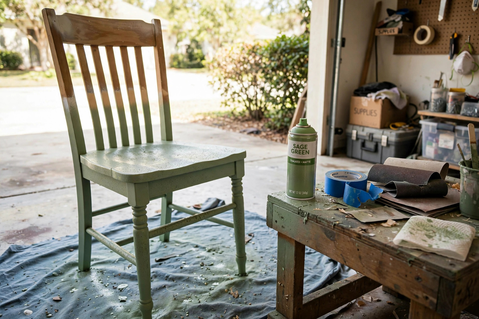 Best spray paint for furniture DIY makeover project in a bright home garage