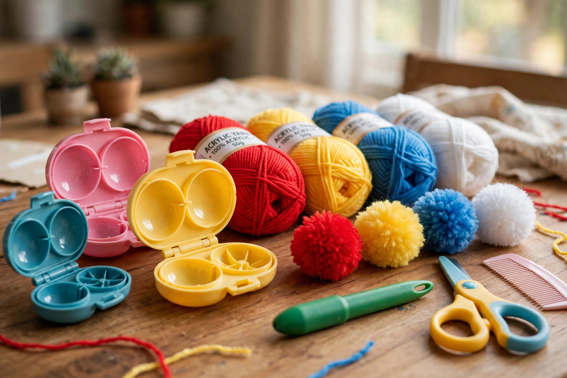 Children making soft yarn pom poms with a pom pom maker kit for yarn crafts kids on a craft table