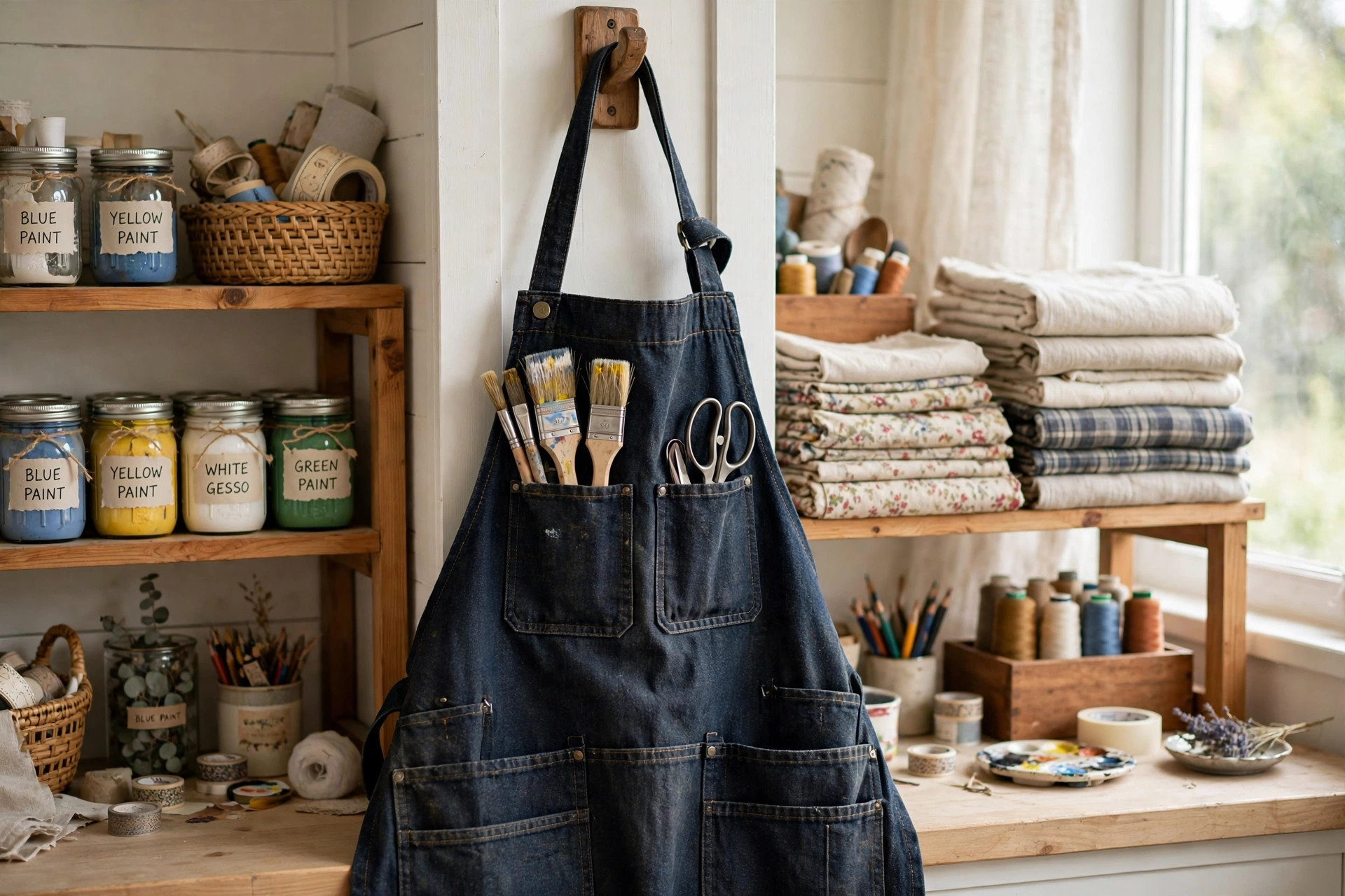 best craft apron with pockets for adults: A denim craft apron with pockets hanging in a home craft room