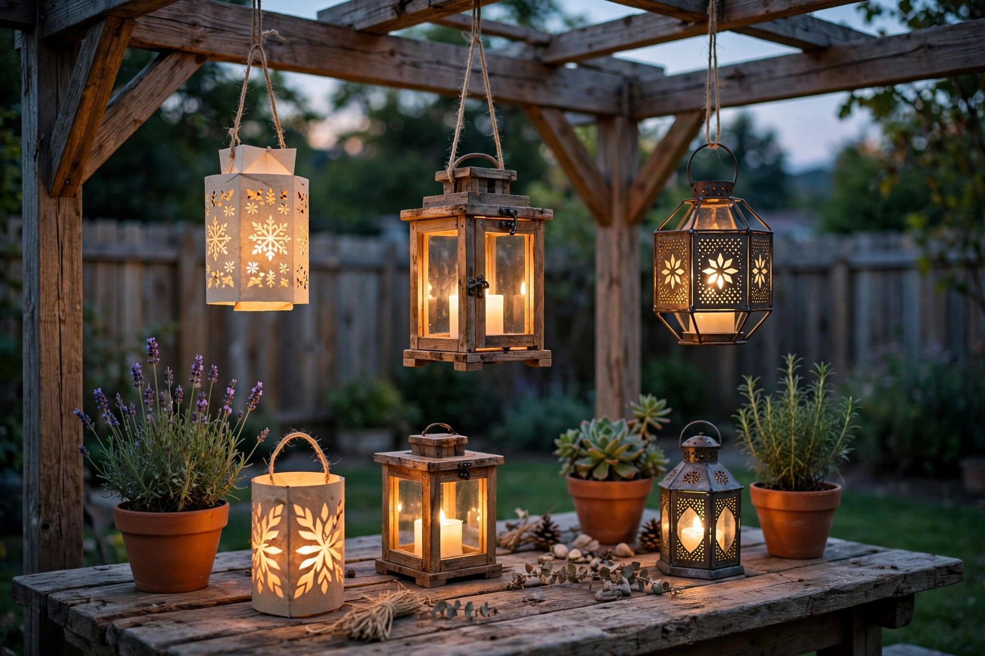 DIY lantern kit for patio decor crafts usa with glowing lanterns on a wooden patio