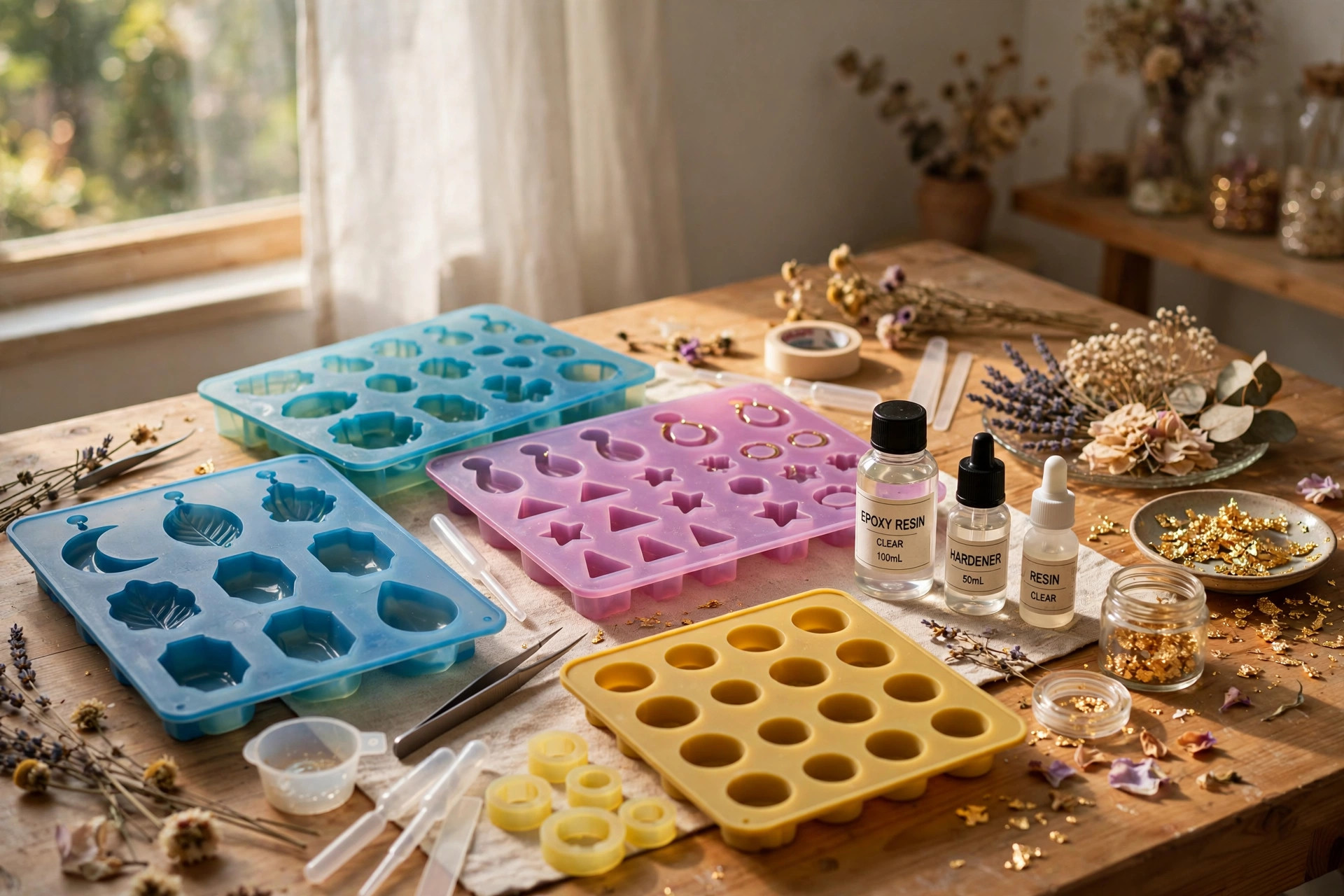 best silicone molds for resin crafts jewelry: Assorted silicone molds for resin jewelry crafts on a work table