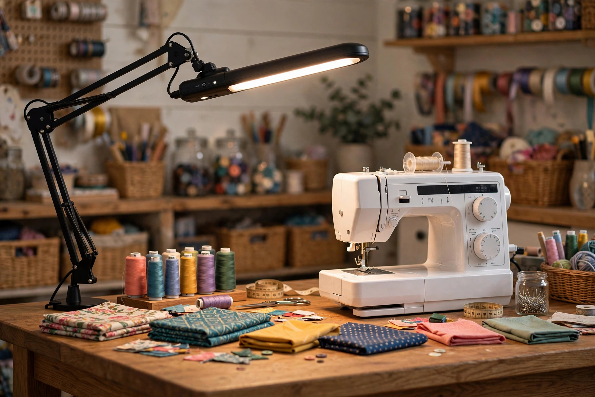 best craft light for sewing and detailed work: Desk lamp lighting a sewing worktable for detailed craft work