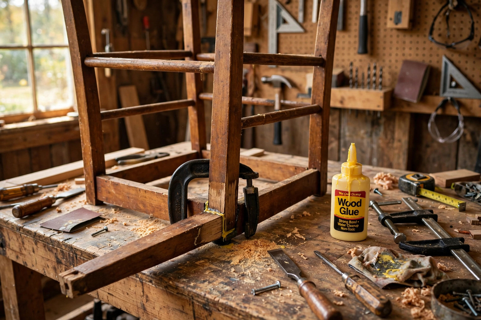 best wood glue for furniture diy repairs: A repaired wooden chair leg joint with a bottle of wood glue on a workbench in a home workshop