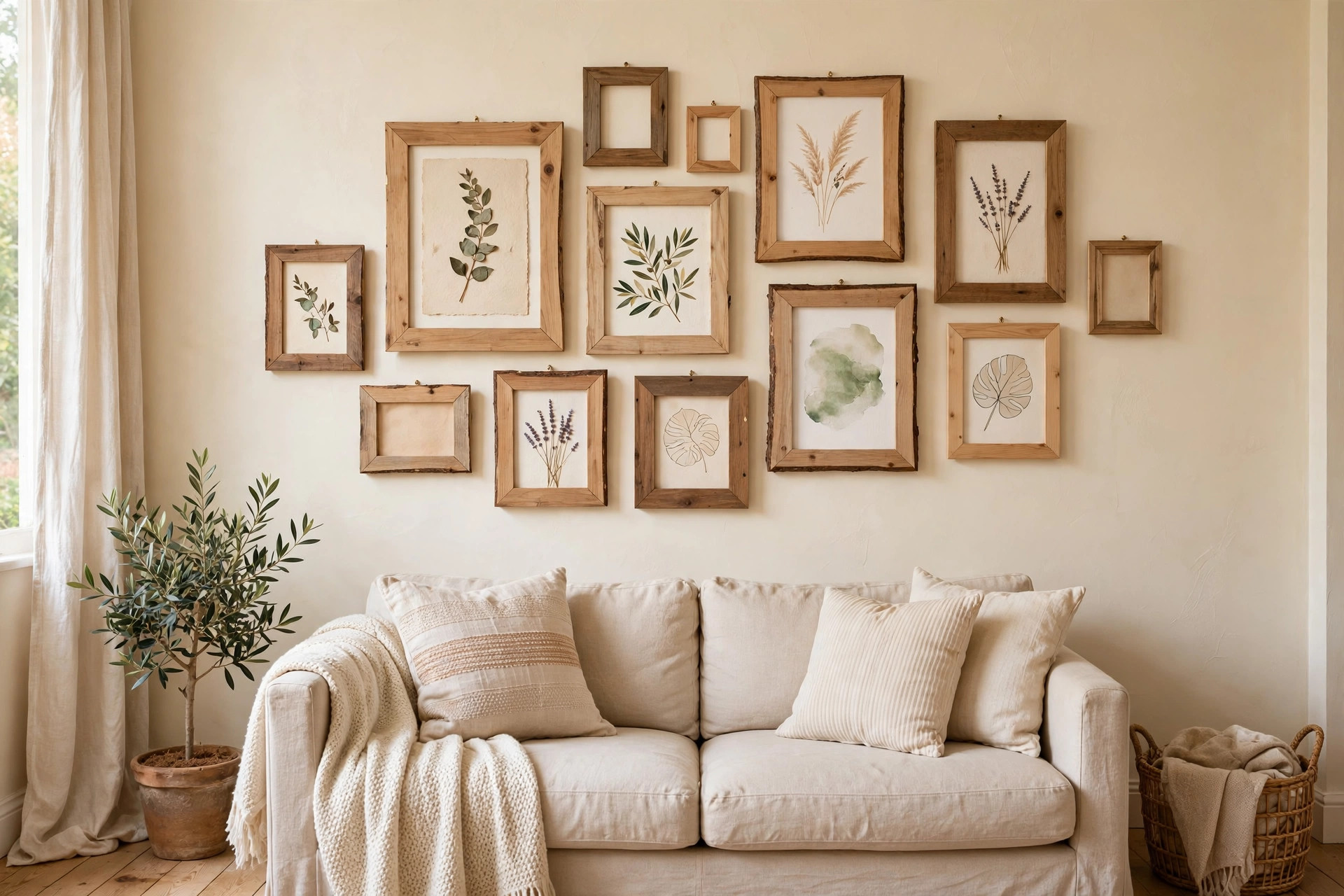 diy photo frame kit for wall gallery crafts: Handmade photo frames arranged as a wall gallery in a bright living room