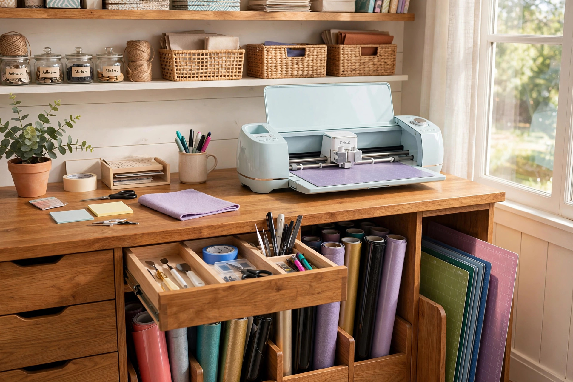 best craft desk with storage for cricut machine: Craft desk with storage for Cricut machine in a home craft room