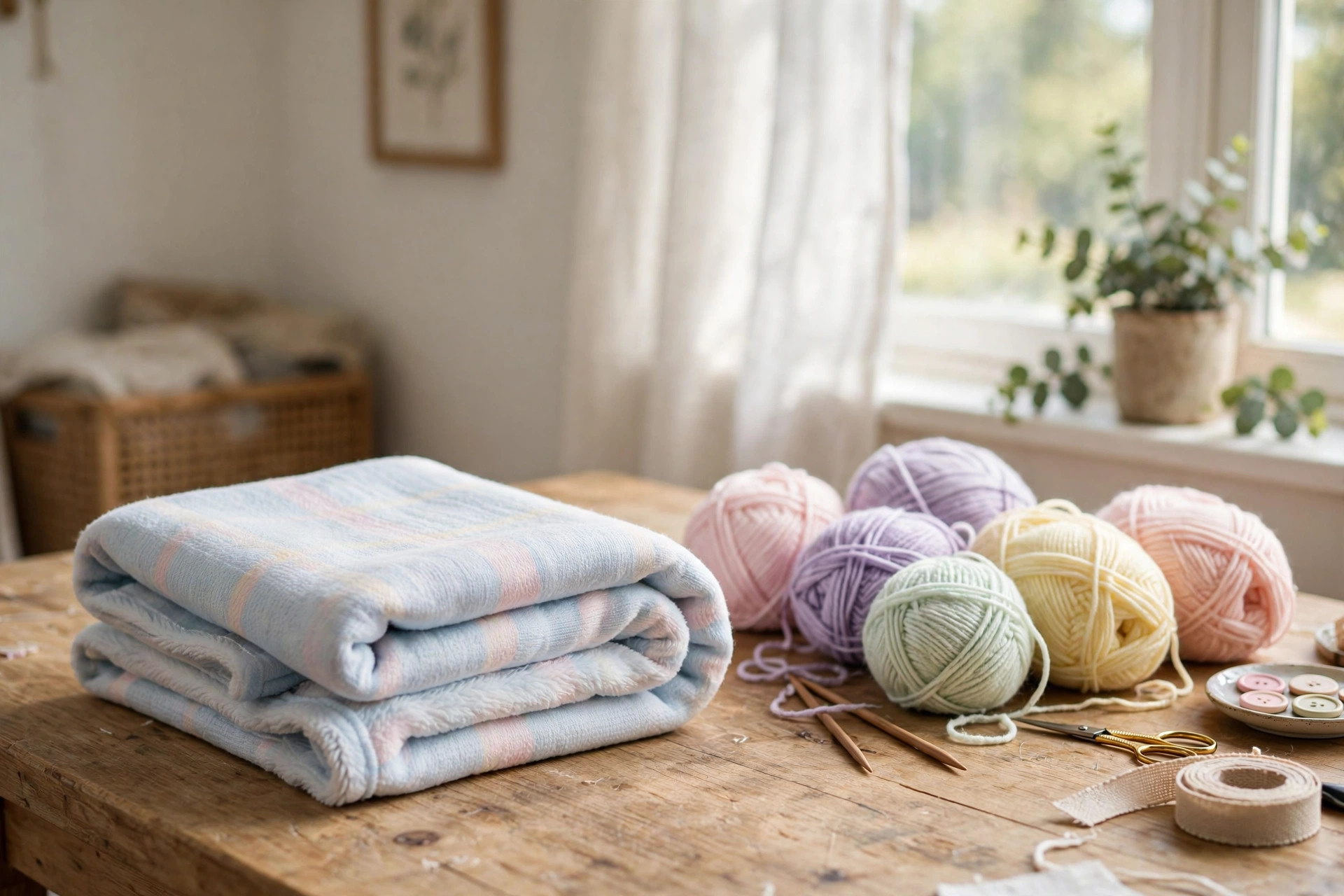 best yarn for baby blankets soft washable: Soft pastel baby blanket yarn balls on a wooden craft table