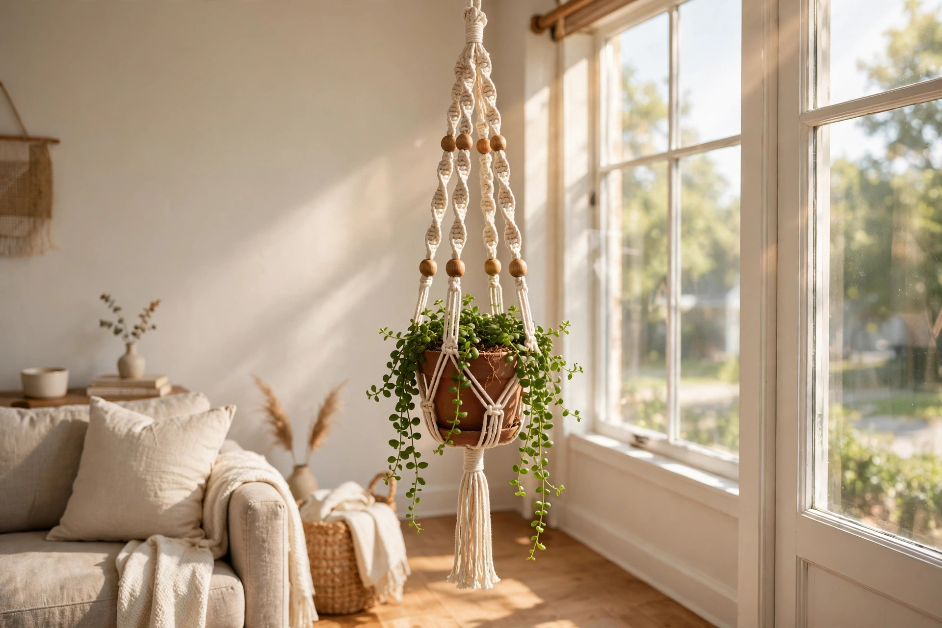 Macrame plant hanger kit with wooden beads holding a potted plant in a bright living room