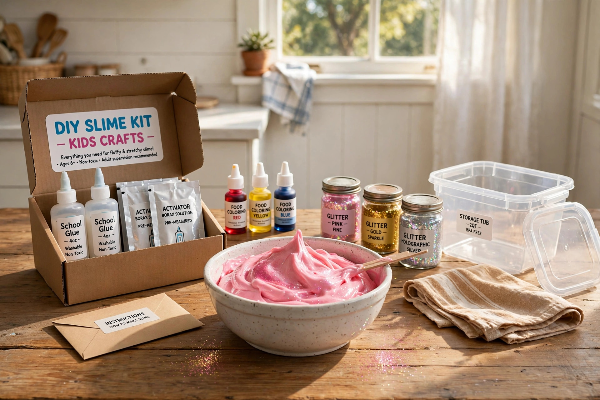 DIY slime kit for kids crafts safe USA contents laid out on a kitchen table